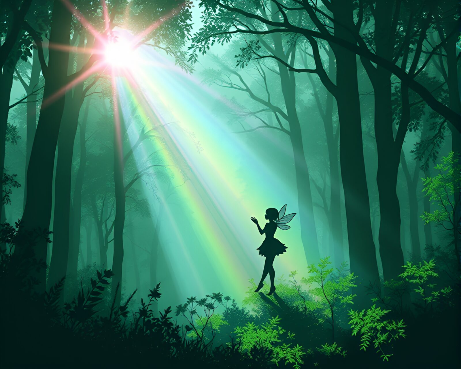 A magical rainbow refracting through an enchanting green forest