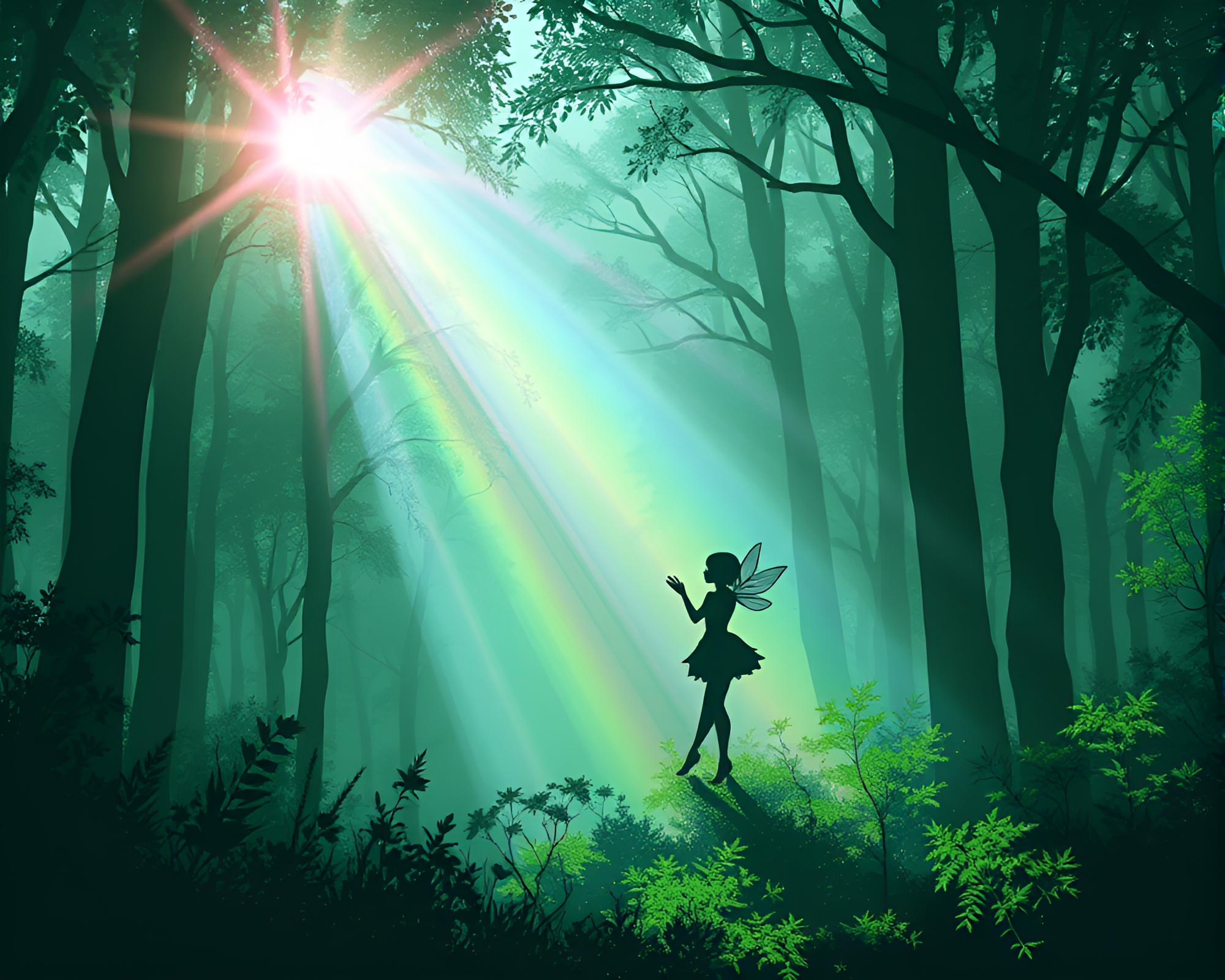 Enchanted Forest Rainbow Fairy Silhouette Illustration – free AI stock image
