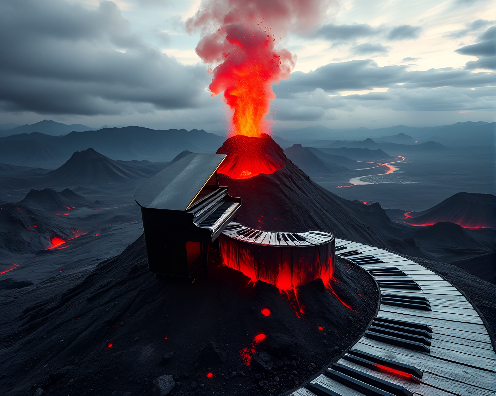 Spiraling Piano in Volcano Glow – free AI stock image