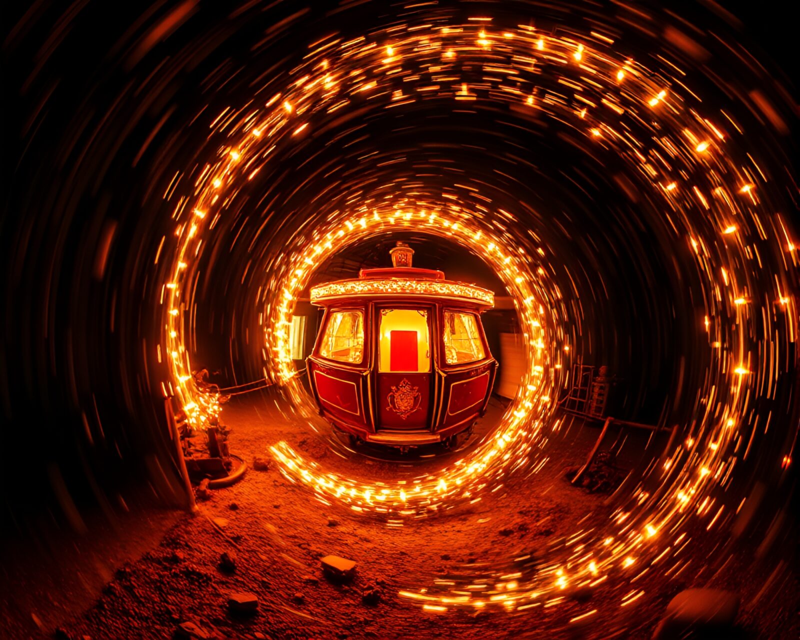 Rim-lit stagecoach on surreal spiral road with high saturation