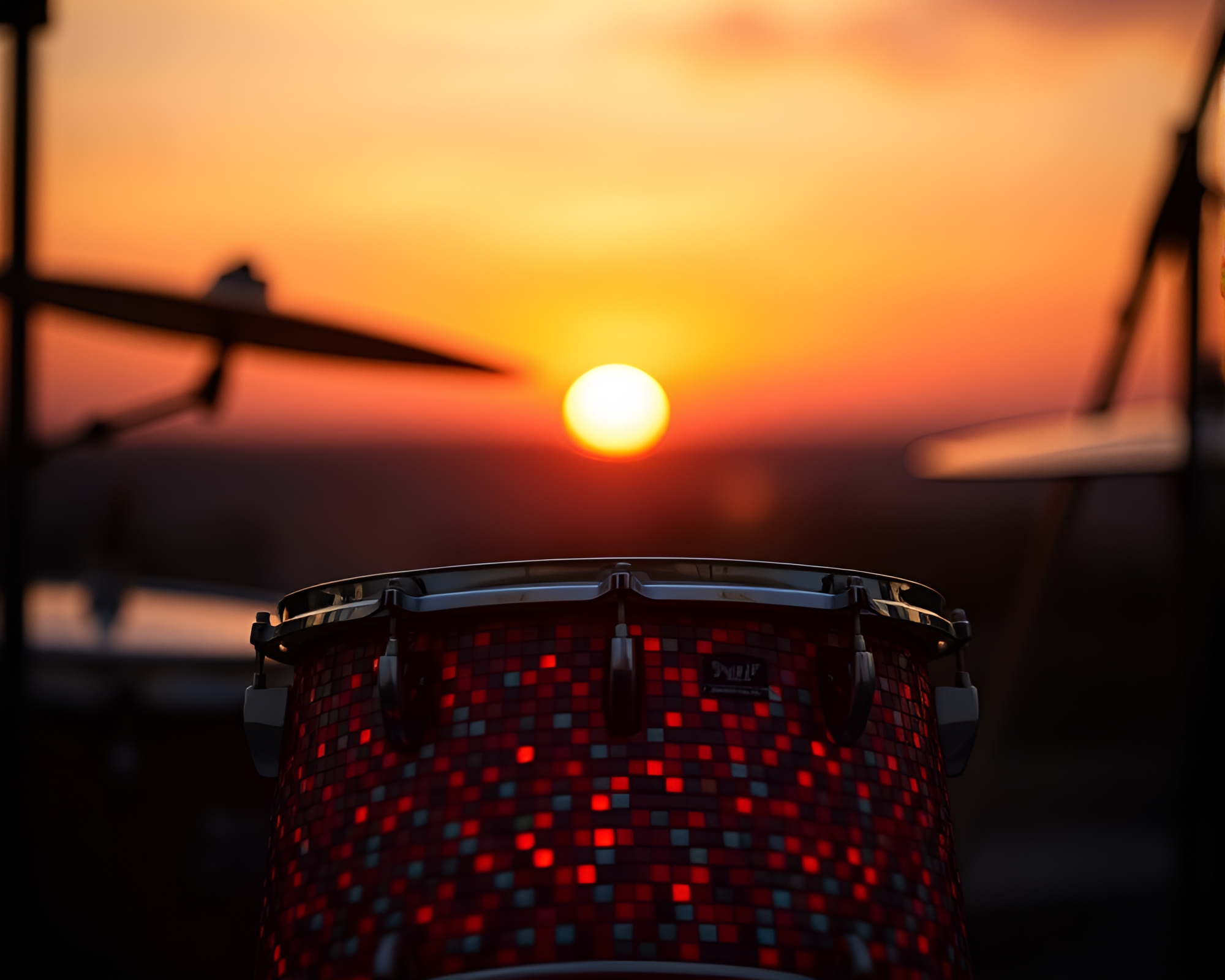 Sunset Drum – Mosaic Melody at Twilight – free AI stock image