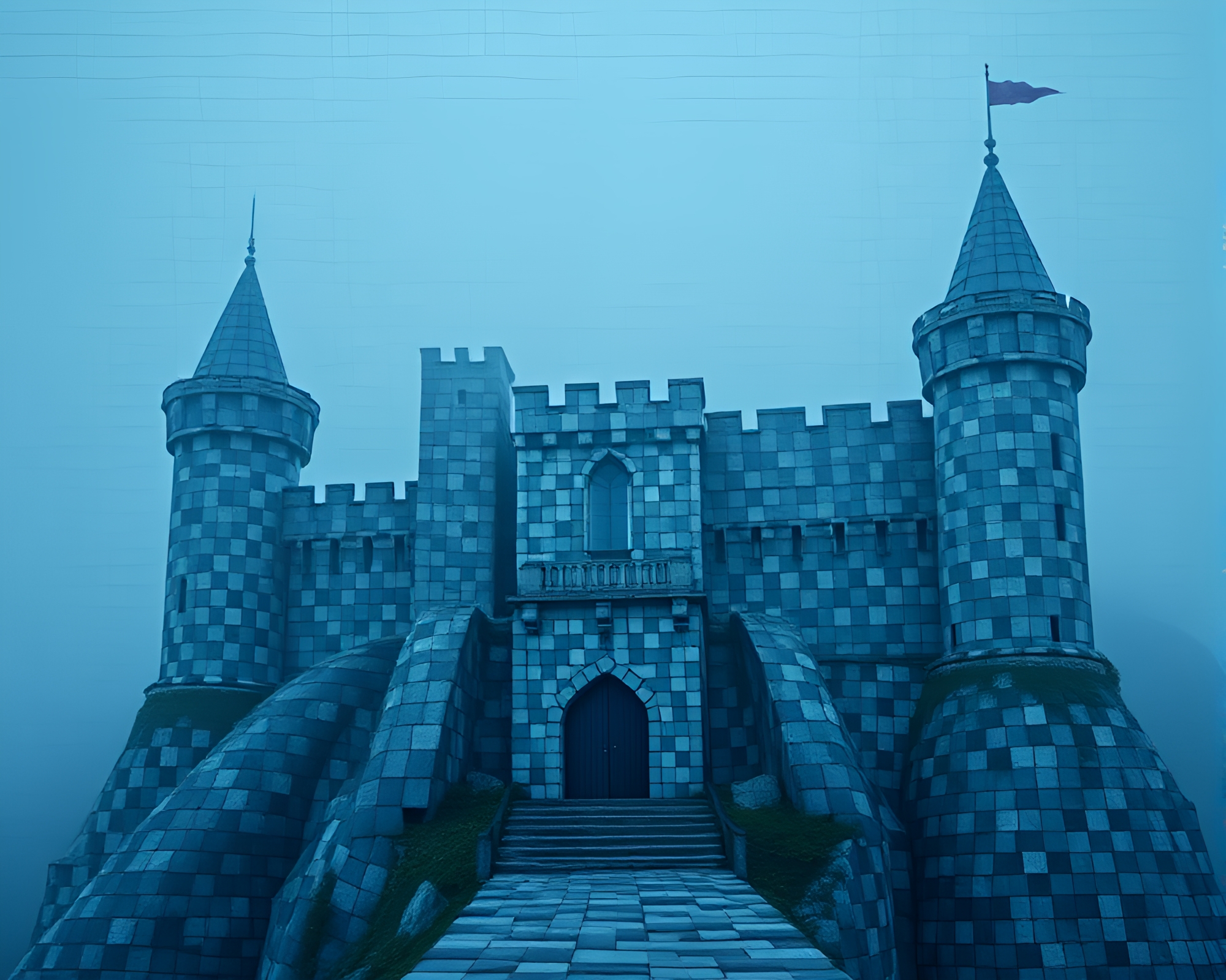 Misty Castle in Mosaic Denim – free AI stock image
