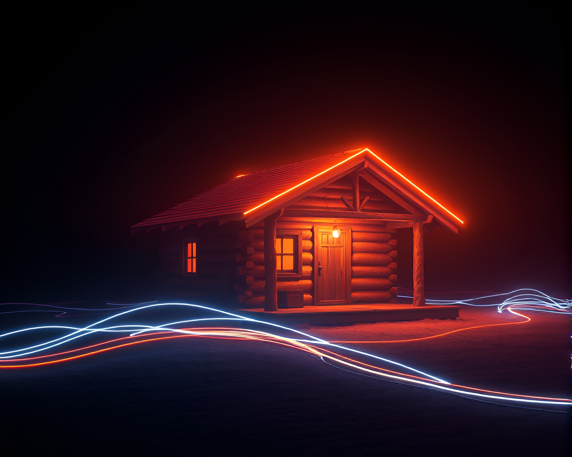 Rustic Cabin Light Trails in Neon Wireframe Render – free AI stock image