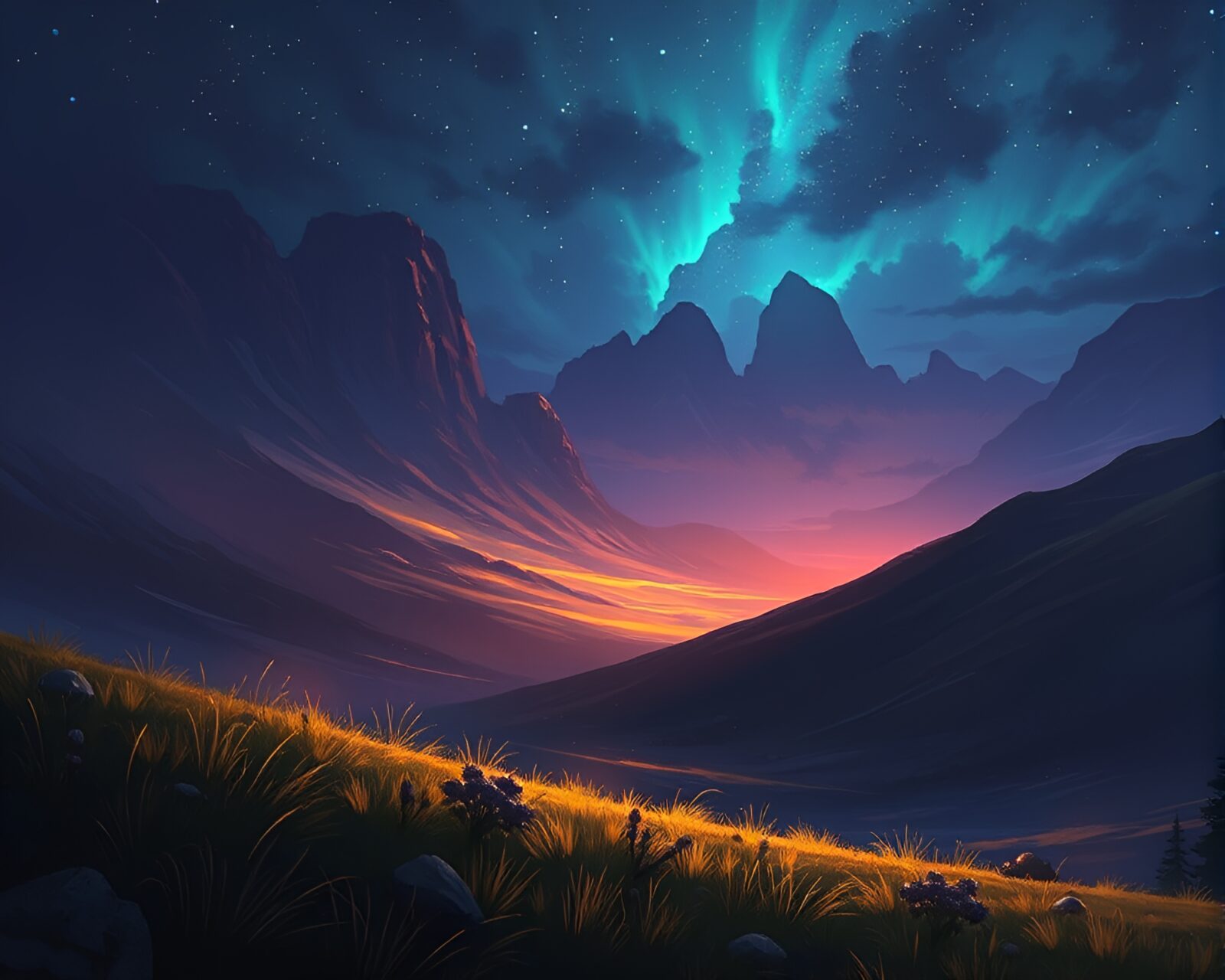 Majestic valley glowing with vibrant digital phosphorescence and lush foreground plants