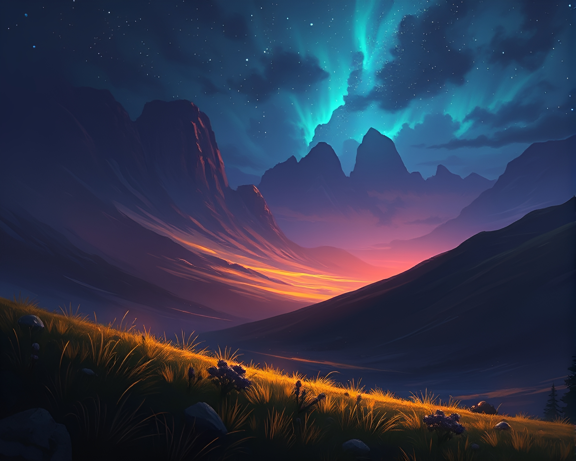 Phosphorescent Valley: Digital Painting with Foreground Flora – free AI stock image