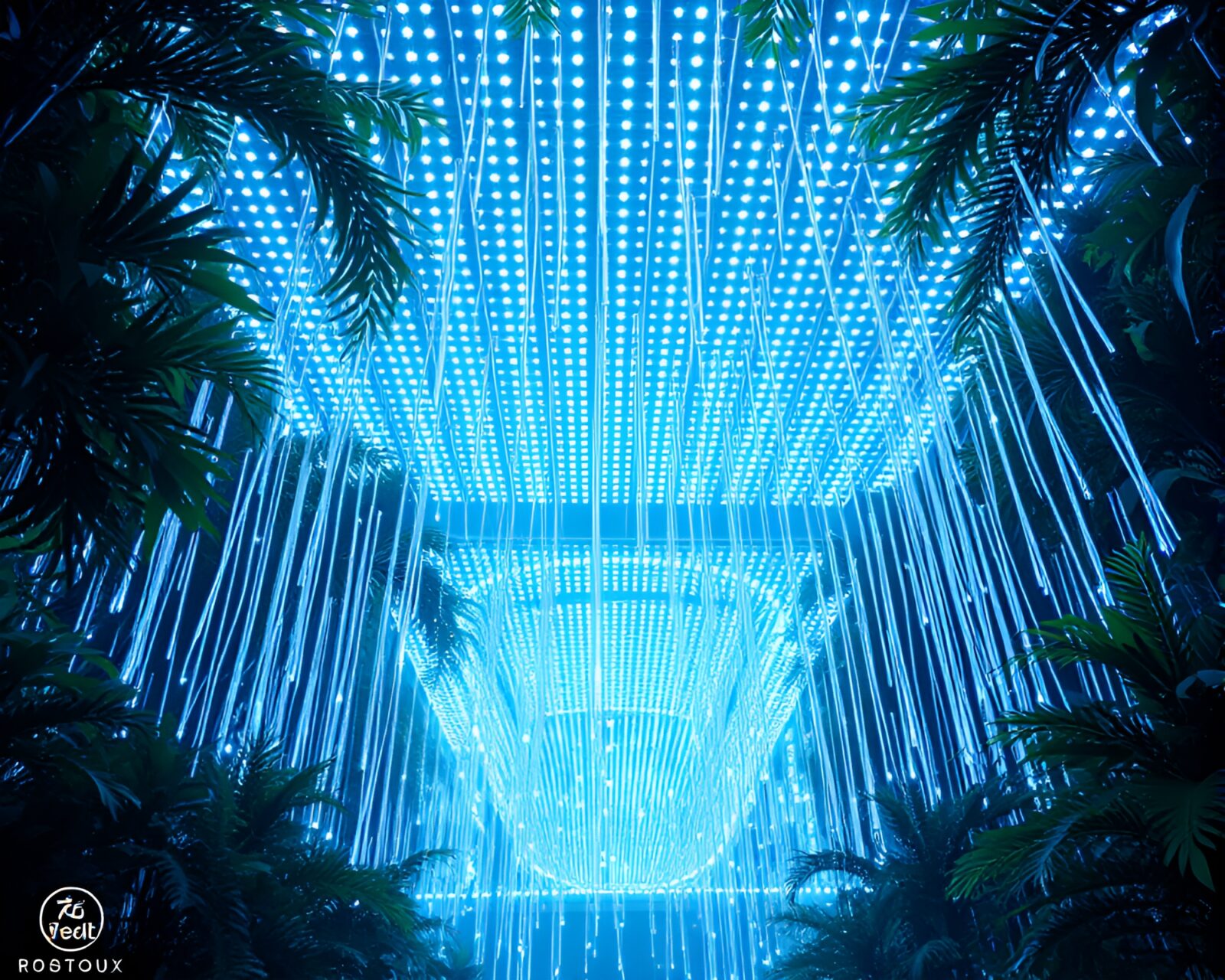 Futuristic robot surrounded by lush greenery and pixelated LED lights