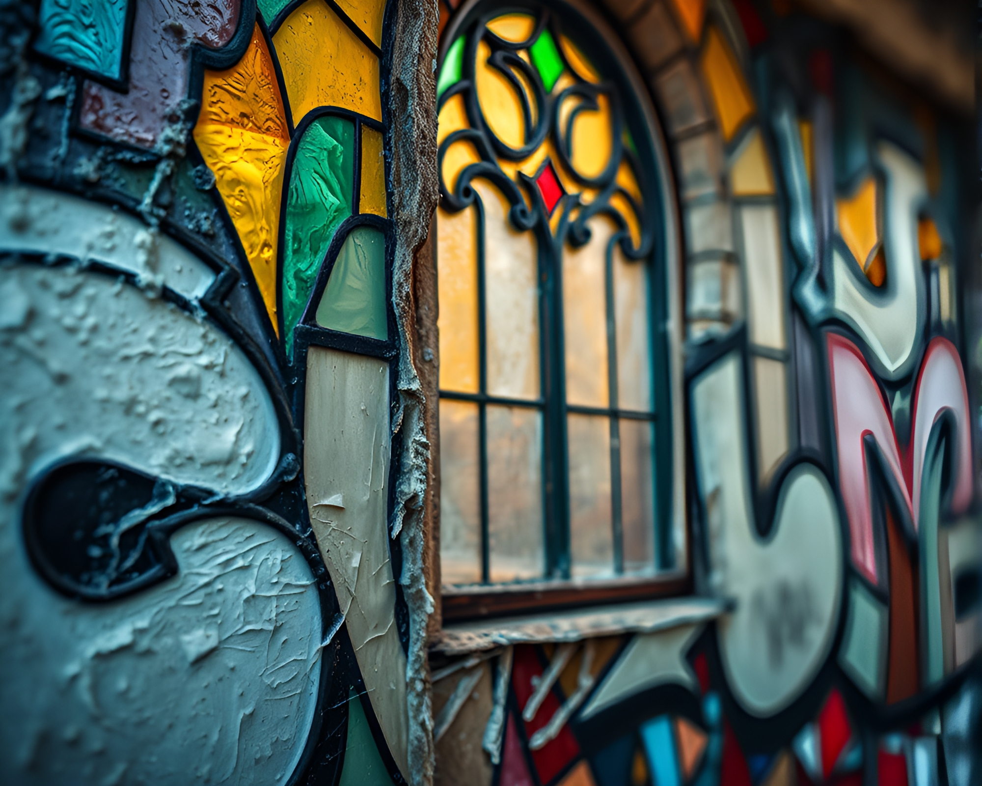 Stained-Glass Graffiti: Tilt-Shift Oil Texture Mural – free AI stock image