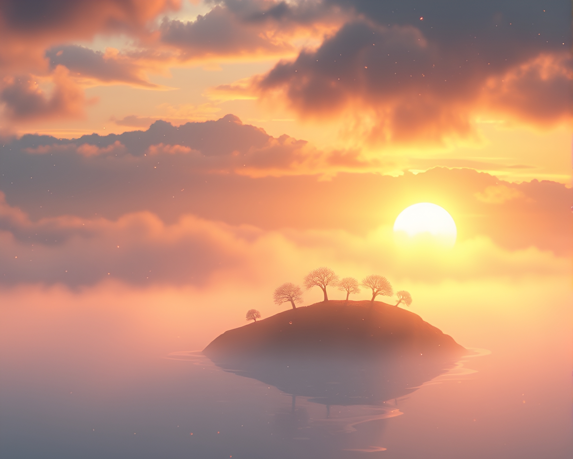 Dew Drop Haven: Floating Island in Dawn Mist – free AI stock image