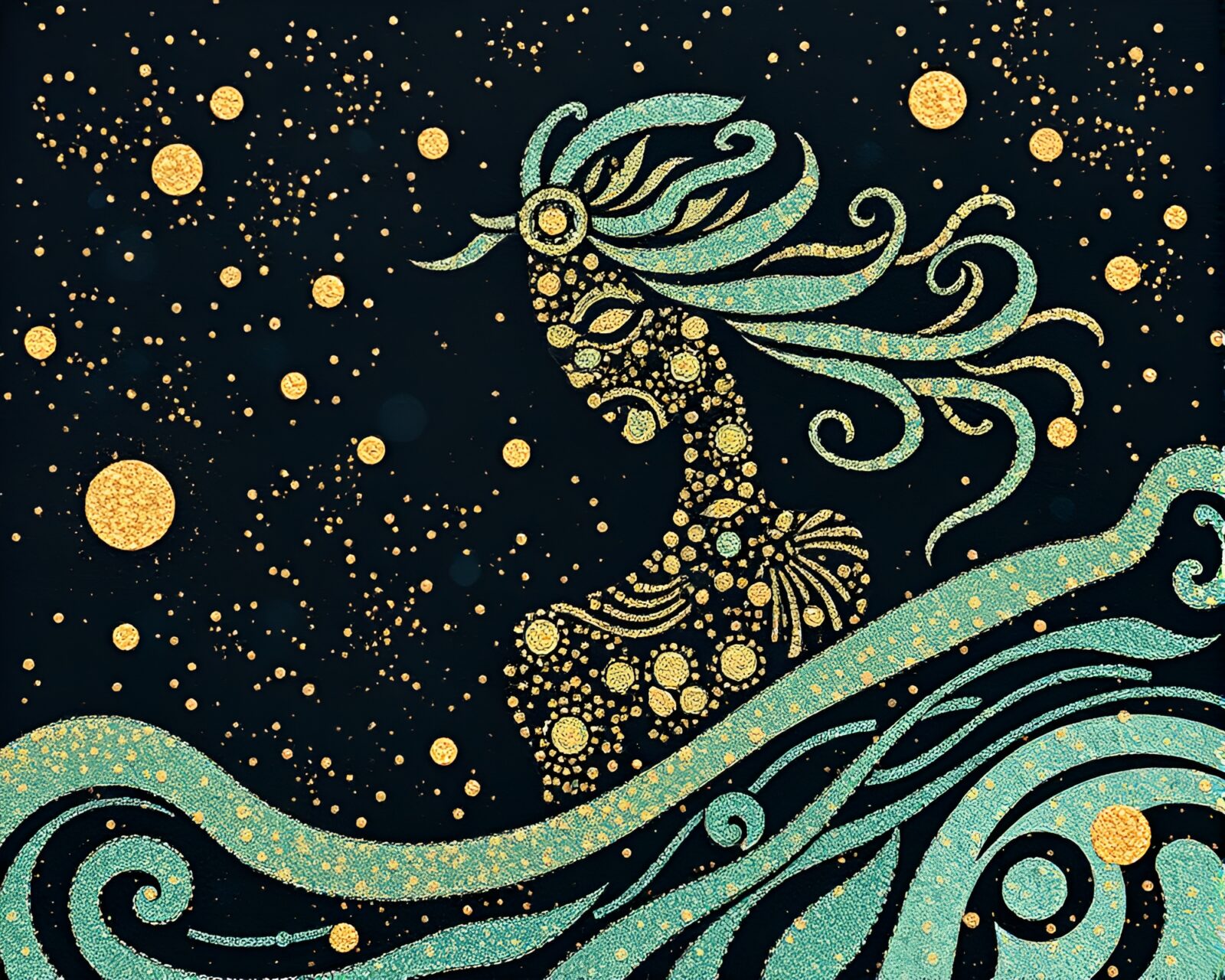 Siren surrounded by linocut textures and metallic flake sparkle