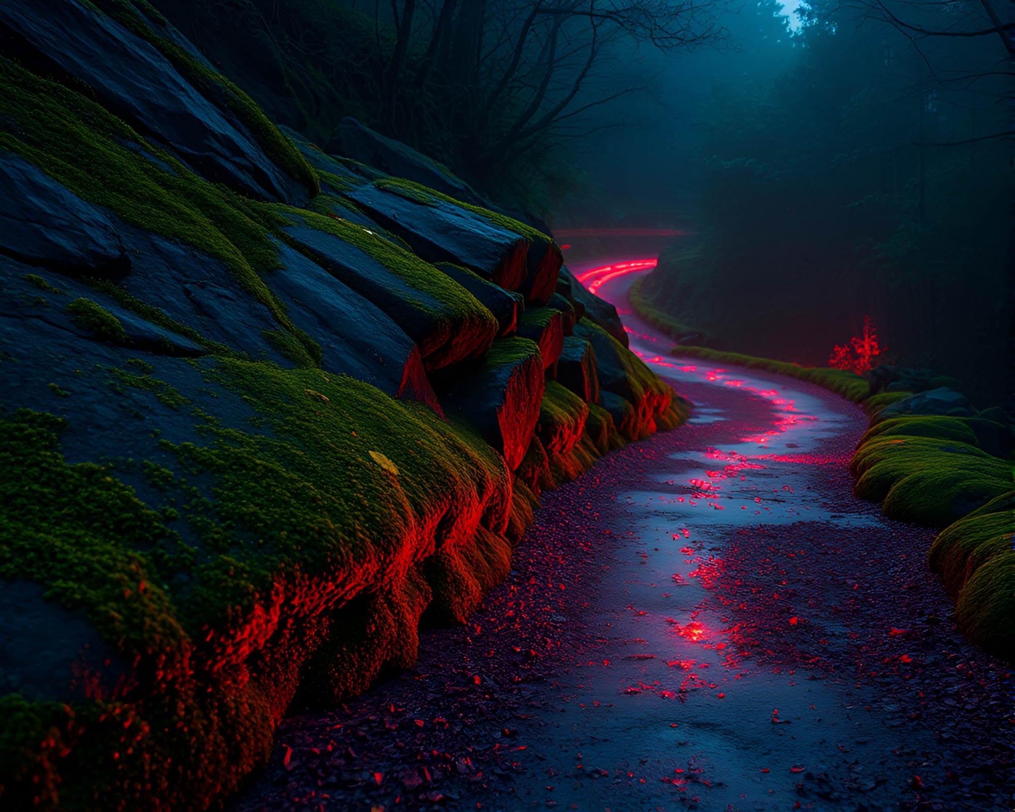 Mystical Lights Trail Through Enchanted Moss-Covered Rock – free AI stock image
