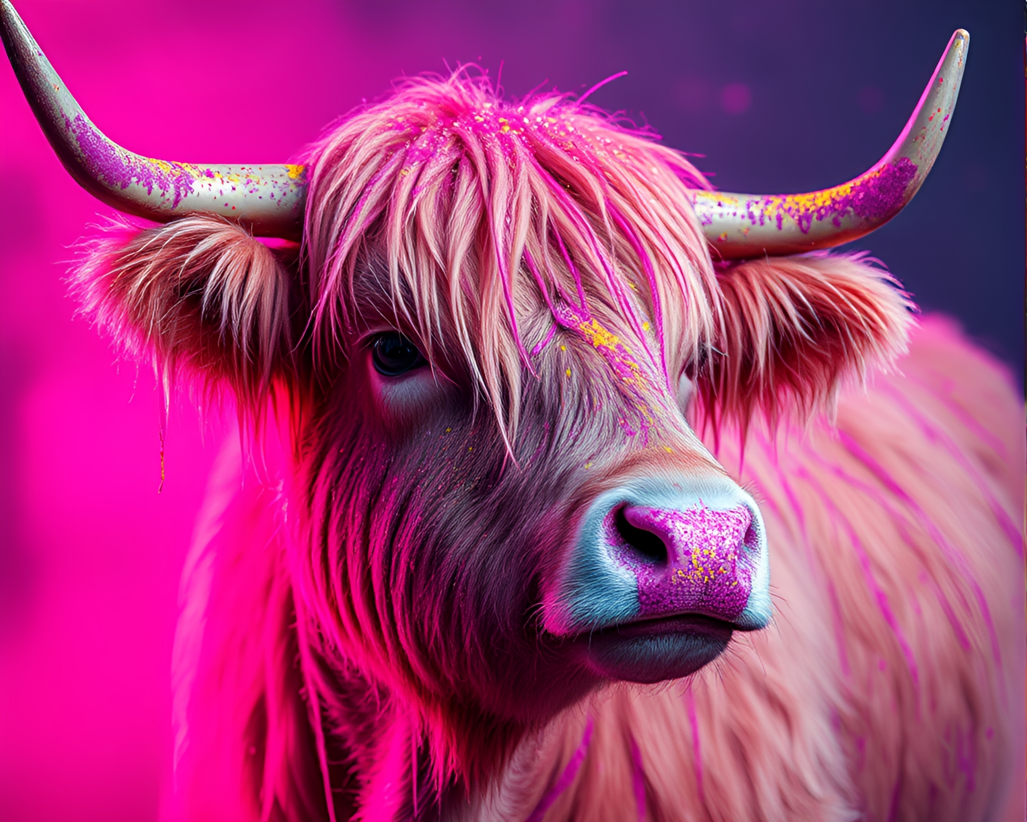 Retrowave Highland Cow with Glitter Dripping Spray Paint – free AI stock image