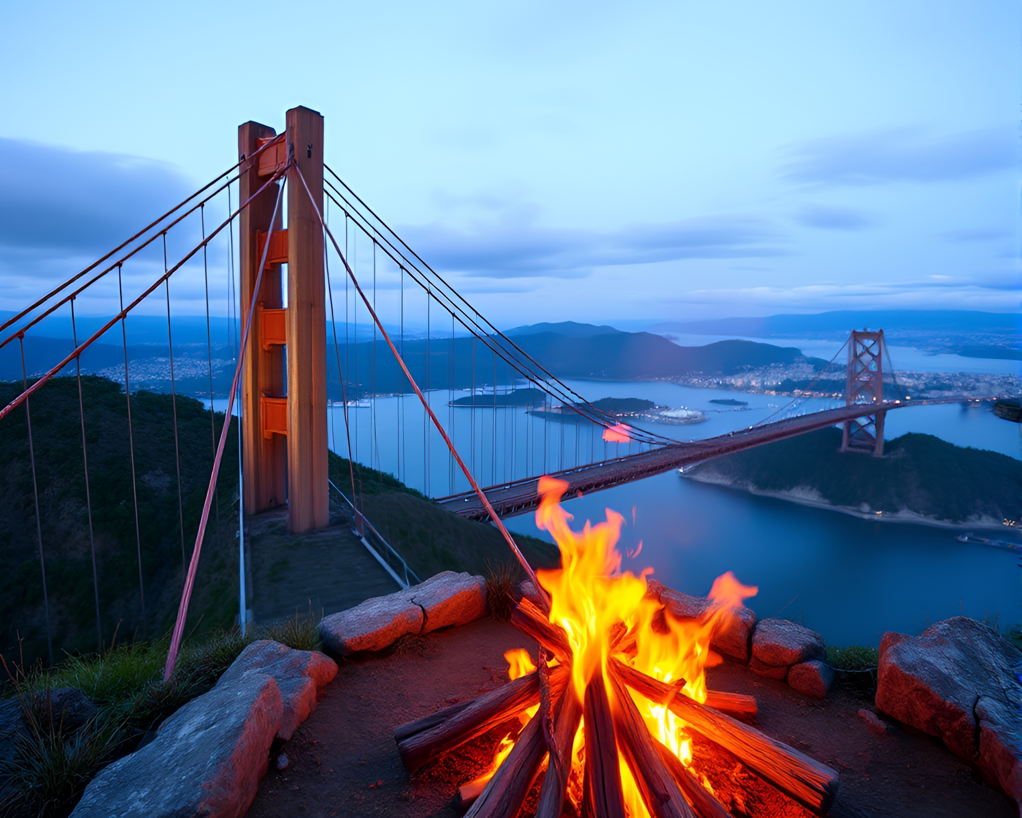 Spectacular Suspension Bridge Over Bonfire Panorama – free AI stock image