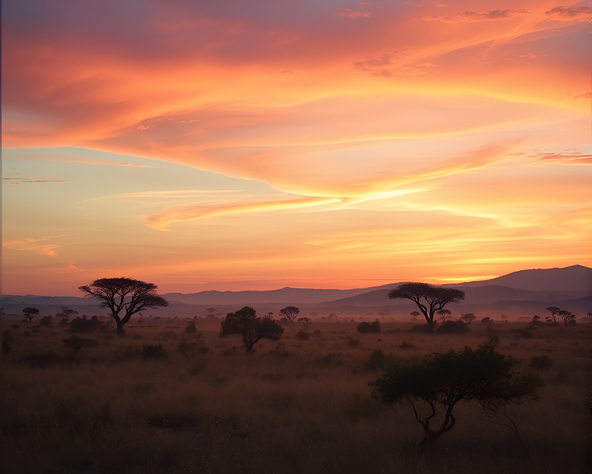 Savanna Sunset with Glittering Steam Clouds – free AI stock image