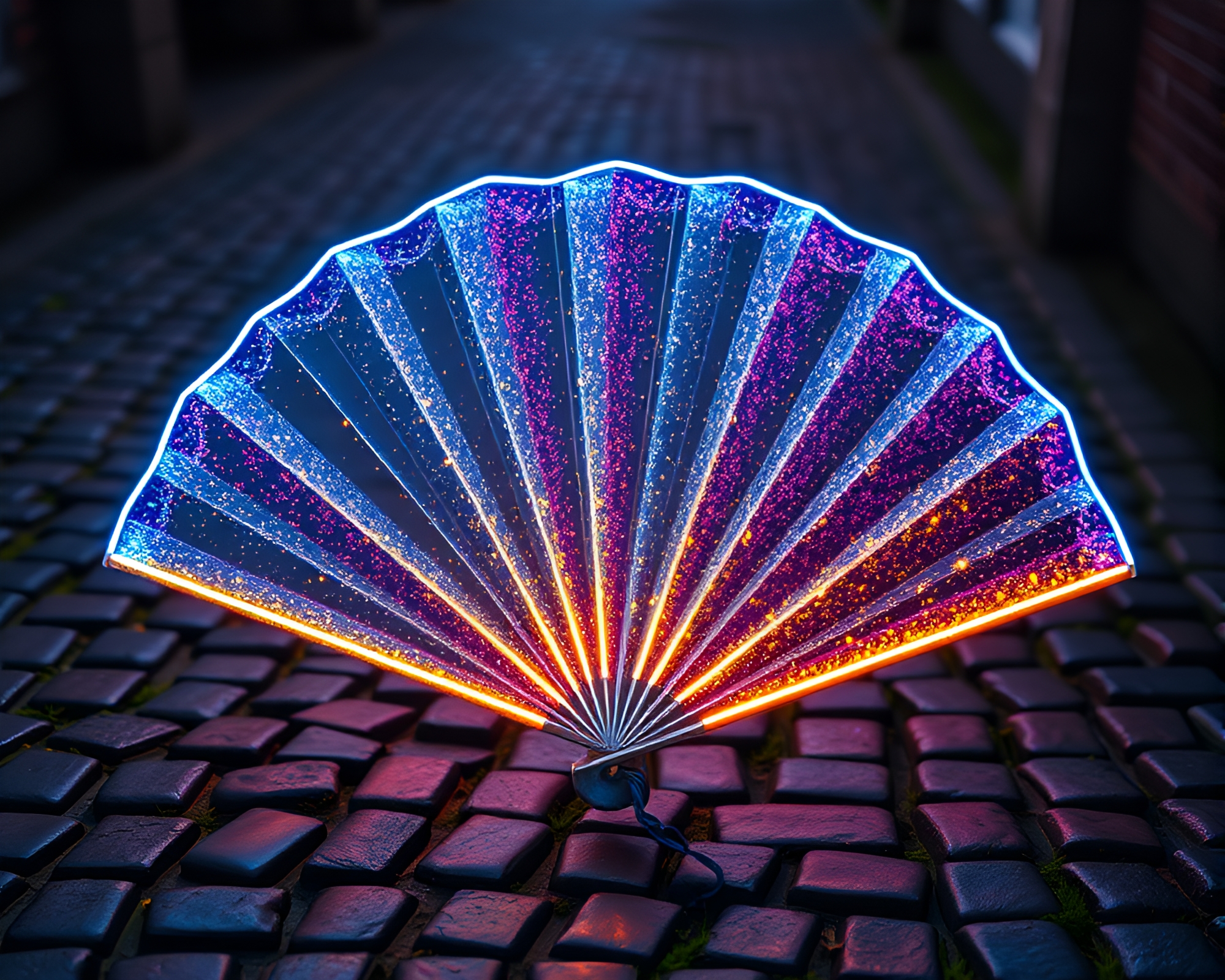 Neon Hand-Painted Fan on Cobblestone Path – free AI stock image