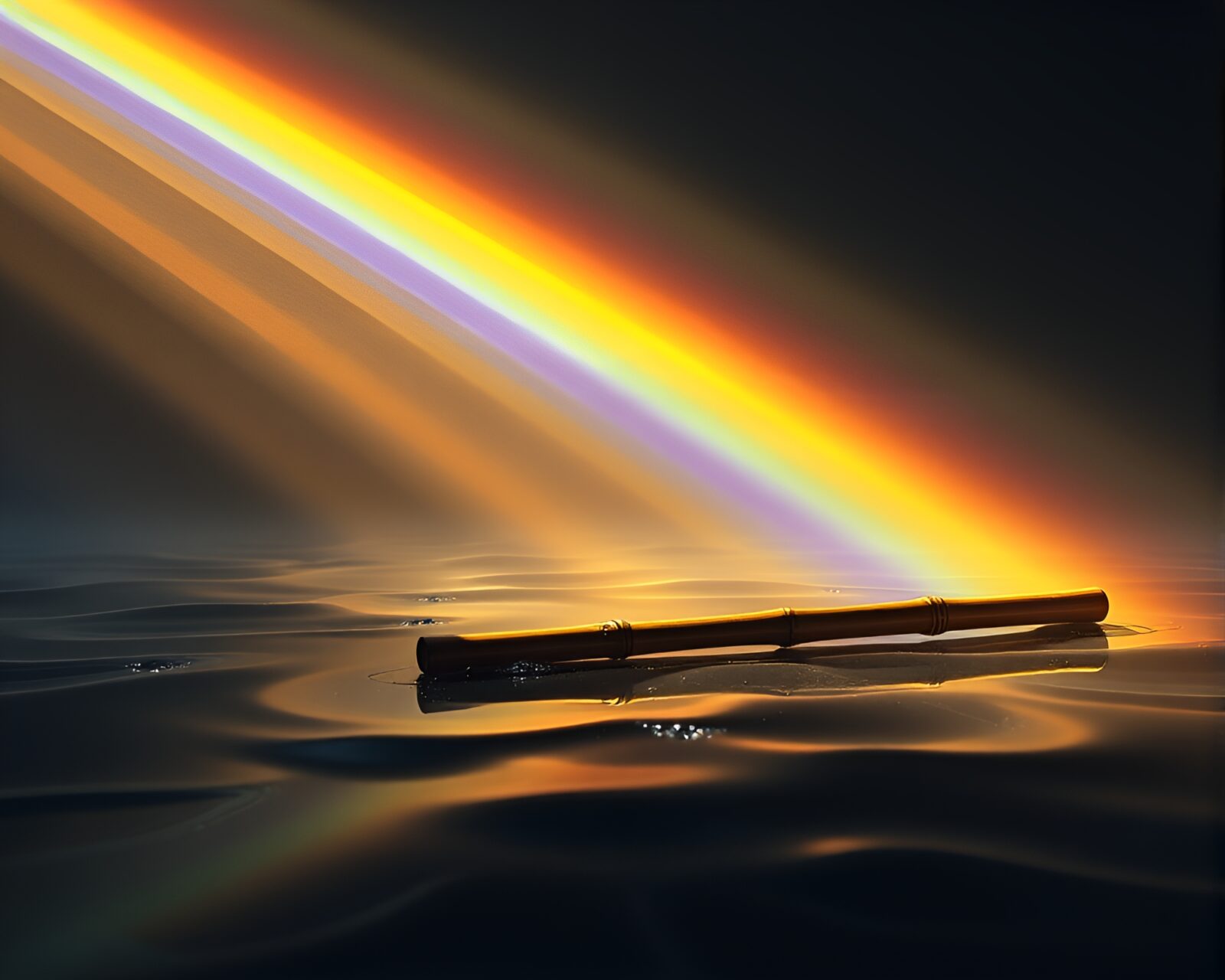 Bamboo flute player in rainbow light reflecting on oil