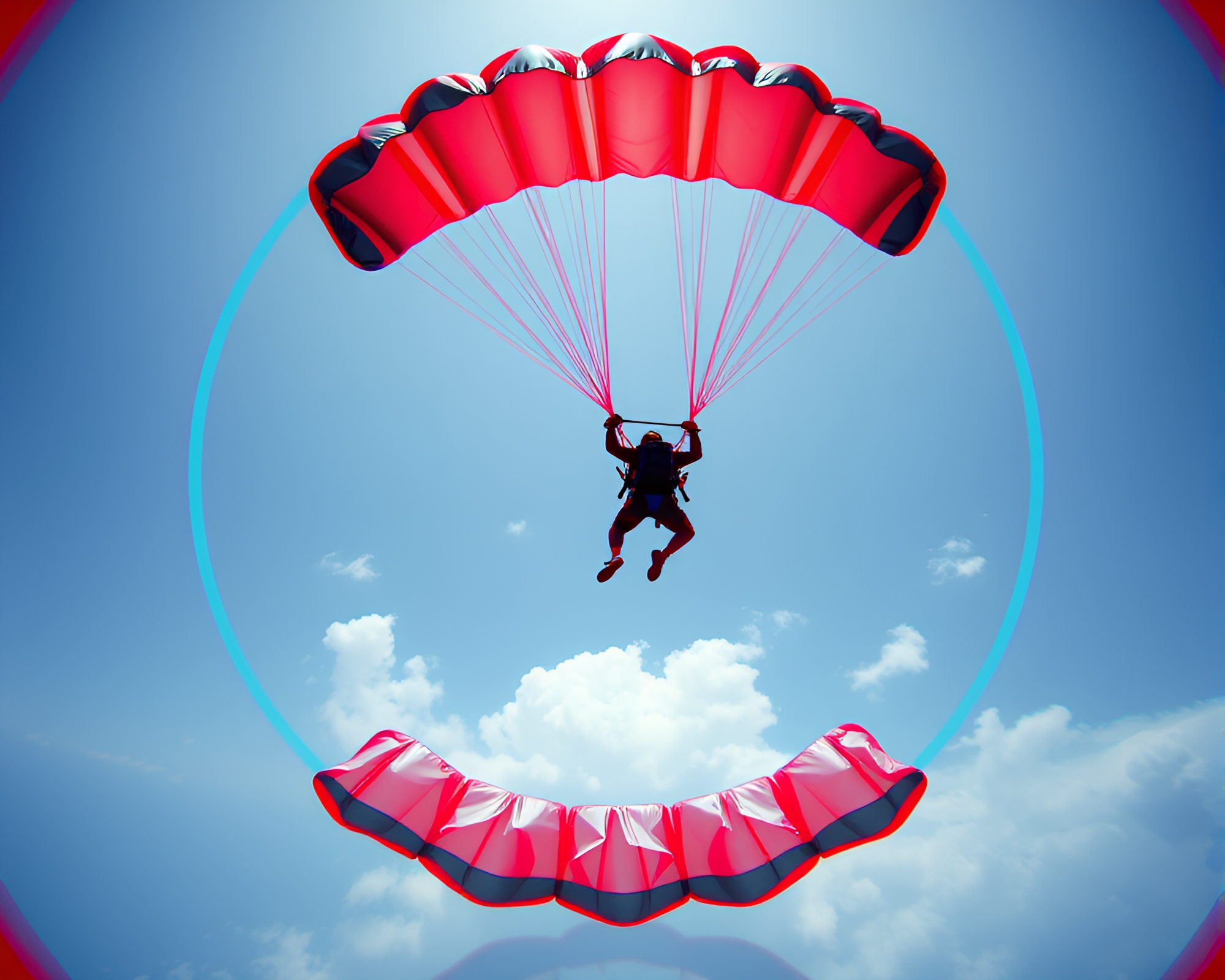Circular Frame Parachute Jumper in Split Toned Anaglyph 3D – free AI stock image