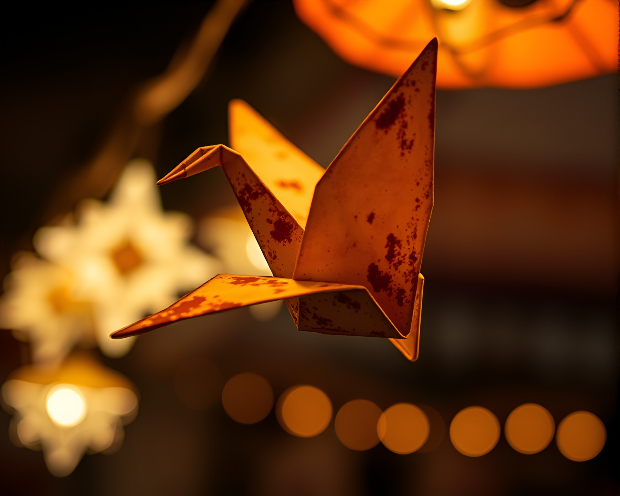 Rust Patina Origami Crane Carnival Lights Contrast – free AI stock image