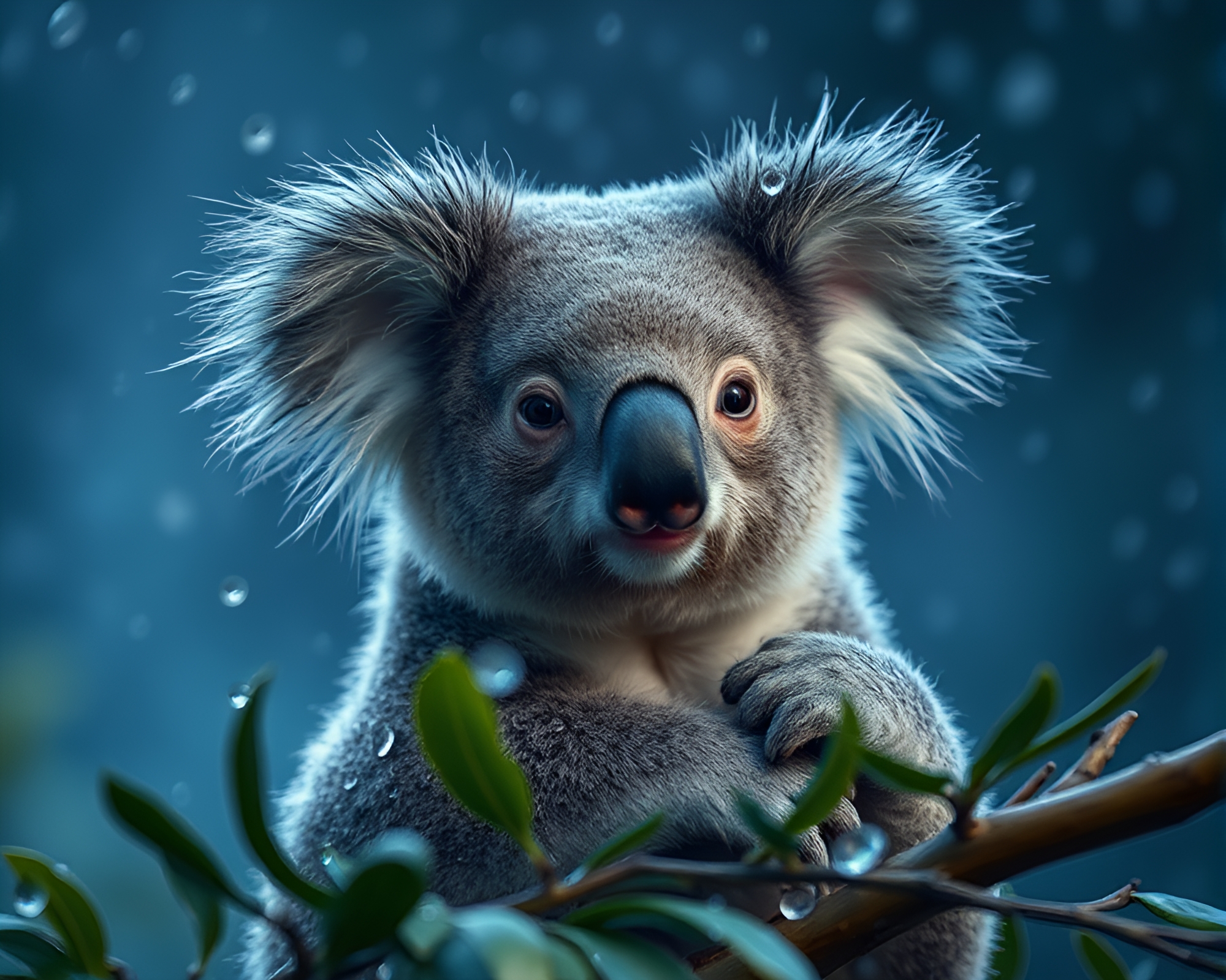 Koala in Dew Drops: Rim Lit Motion Blur – free AI stock image