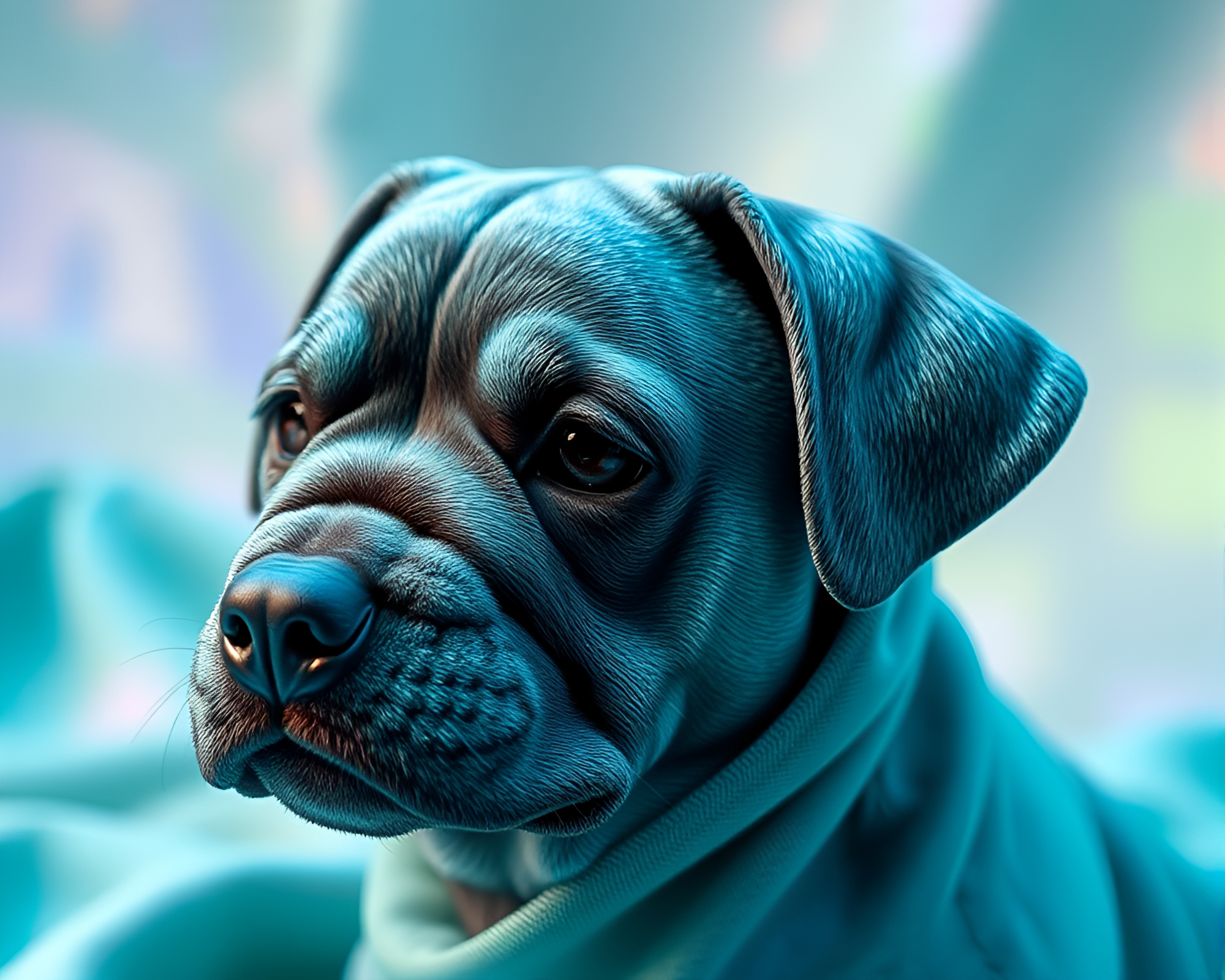 Engraved holographic pet in teal cloth simulation environment – free AI stock image