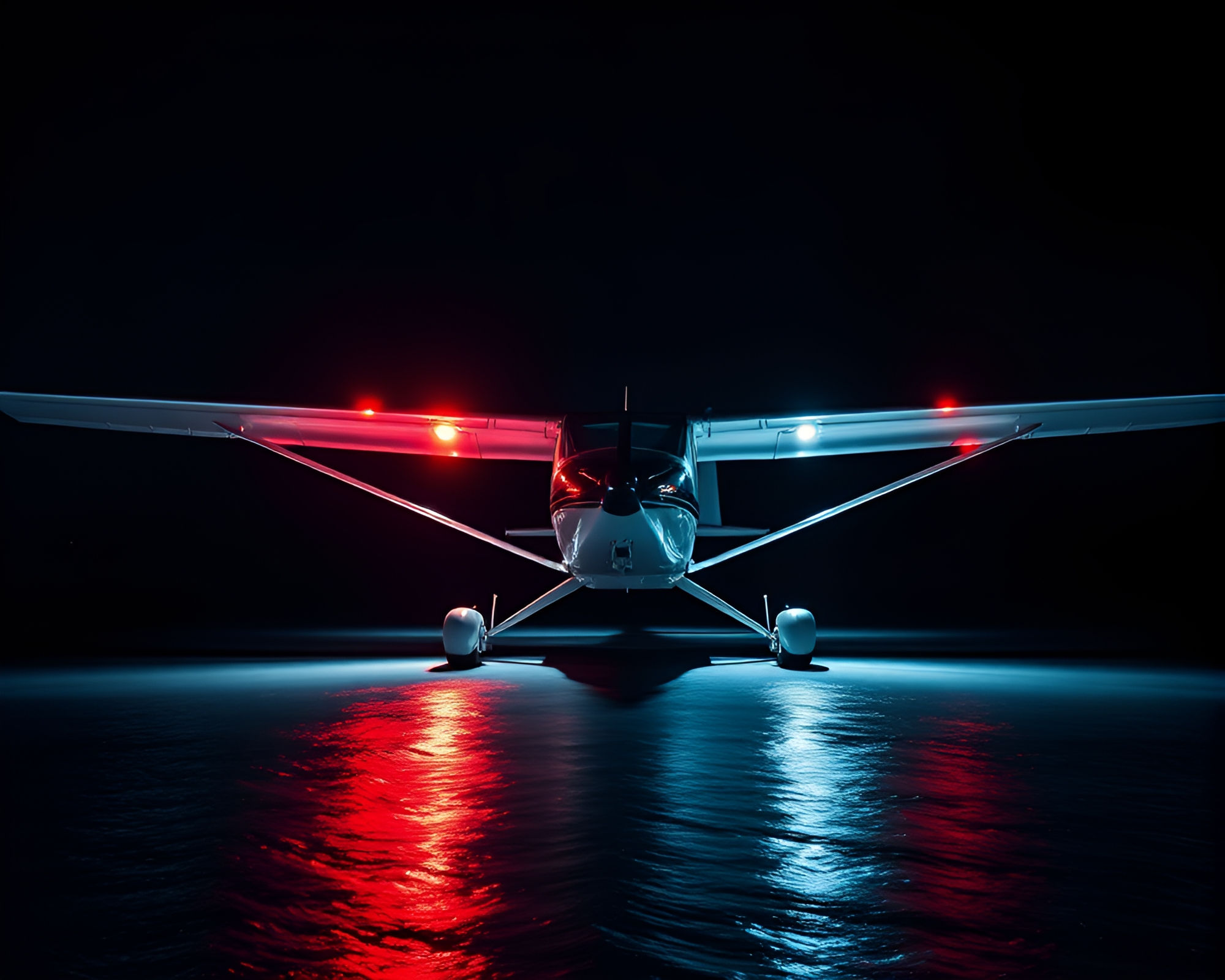 Minimalist Sea Plane Double Exposure Under Strobe Lights – free AI stock image