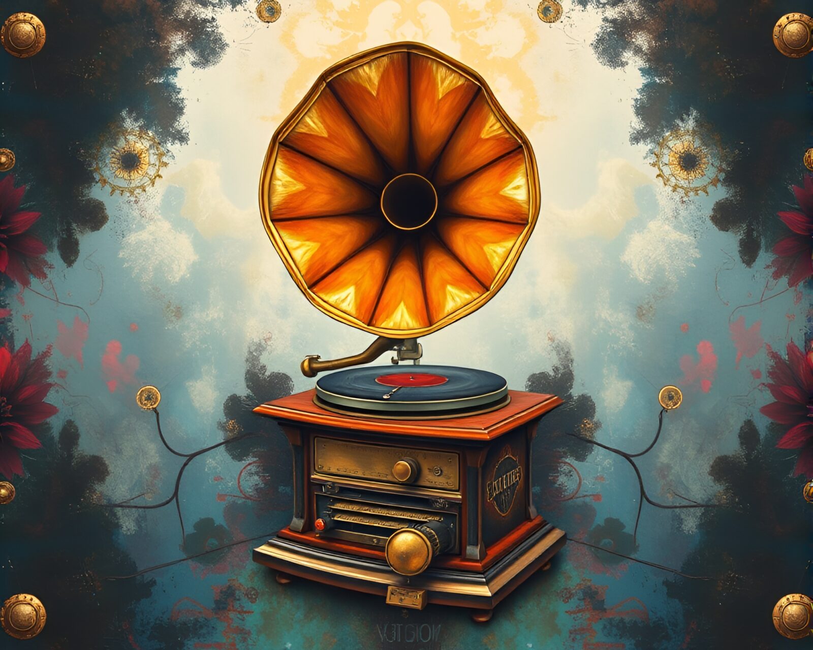 Ornate symmetrical gramophone in pastel hues with dynamic splatter painting