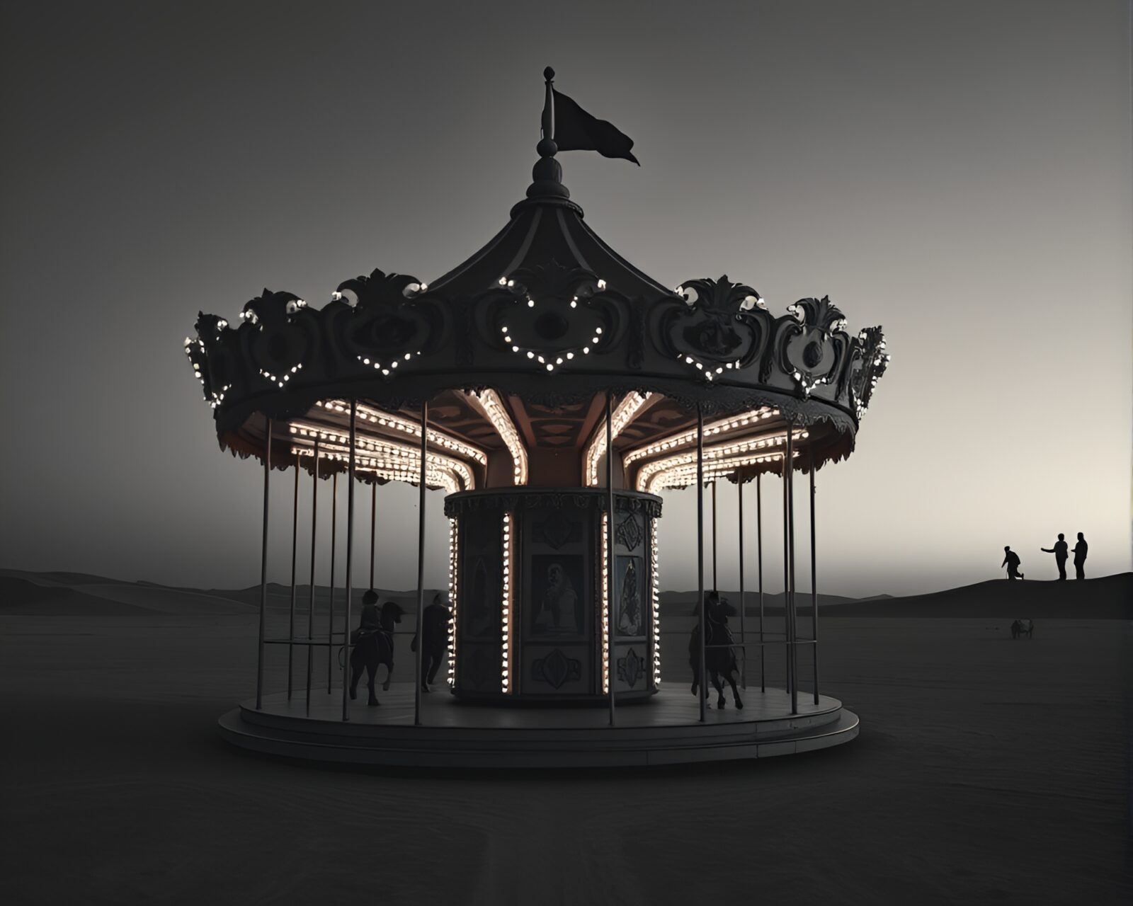 Monochrome carnival carousel against warm desert sunset backdrop