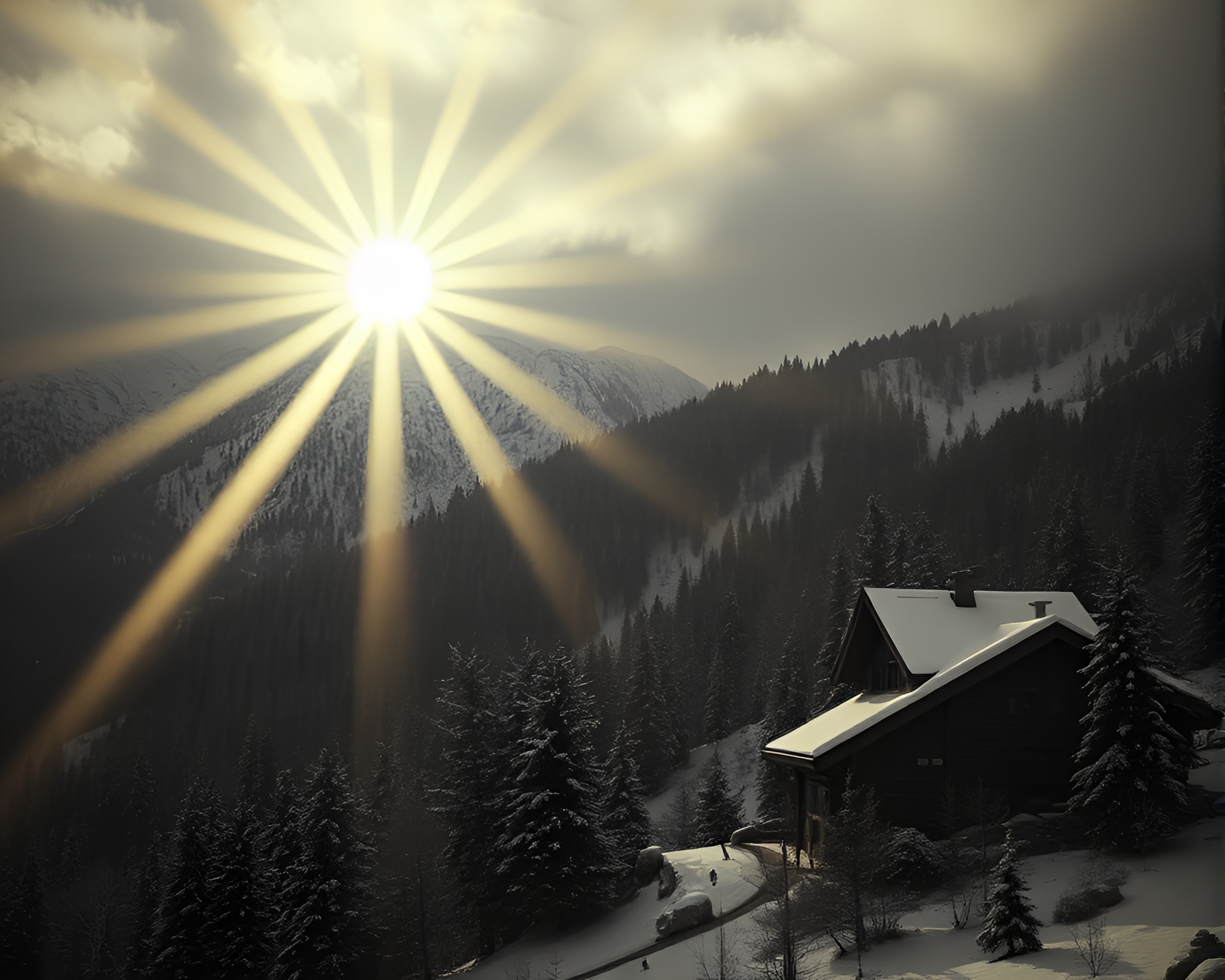 Alpine Chalet Backscatter Flare in Olive Drab Tone – free AI stock image