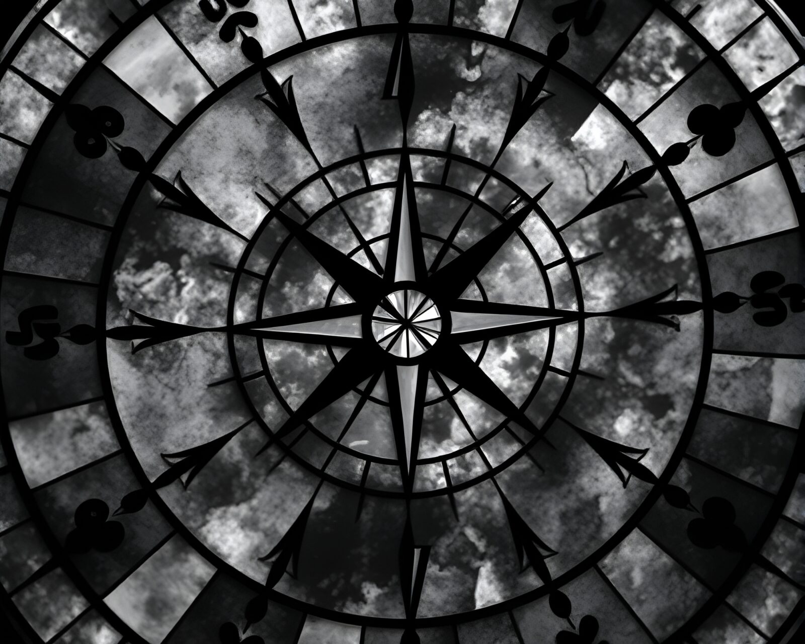 Mystical moonlit compass in stained glass spiral formation