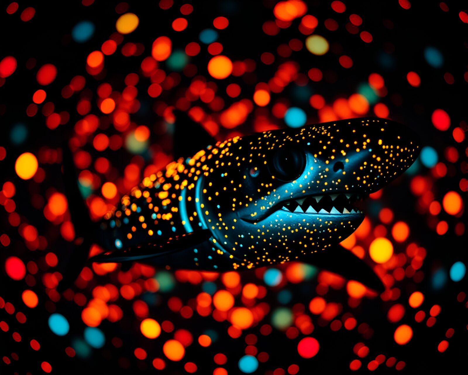 Shark composed of colorful pointillist dots glowing softly