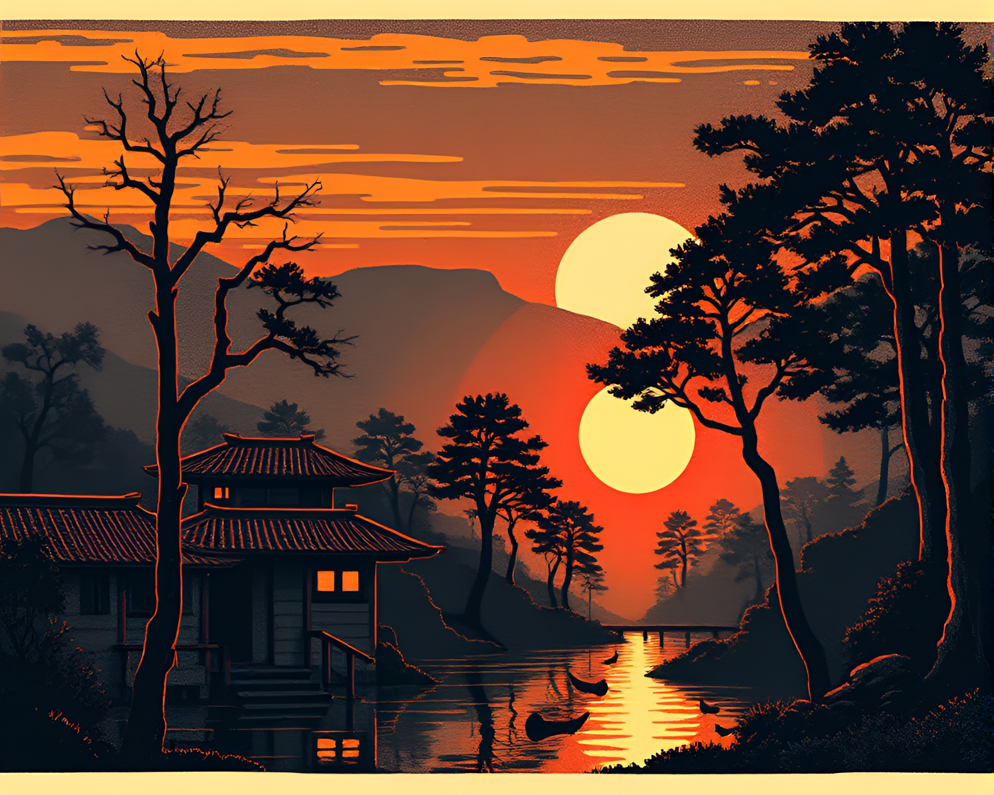 Morning Banshee: Retro Pixel Art Woodblock Print – free AI stock image