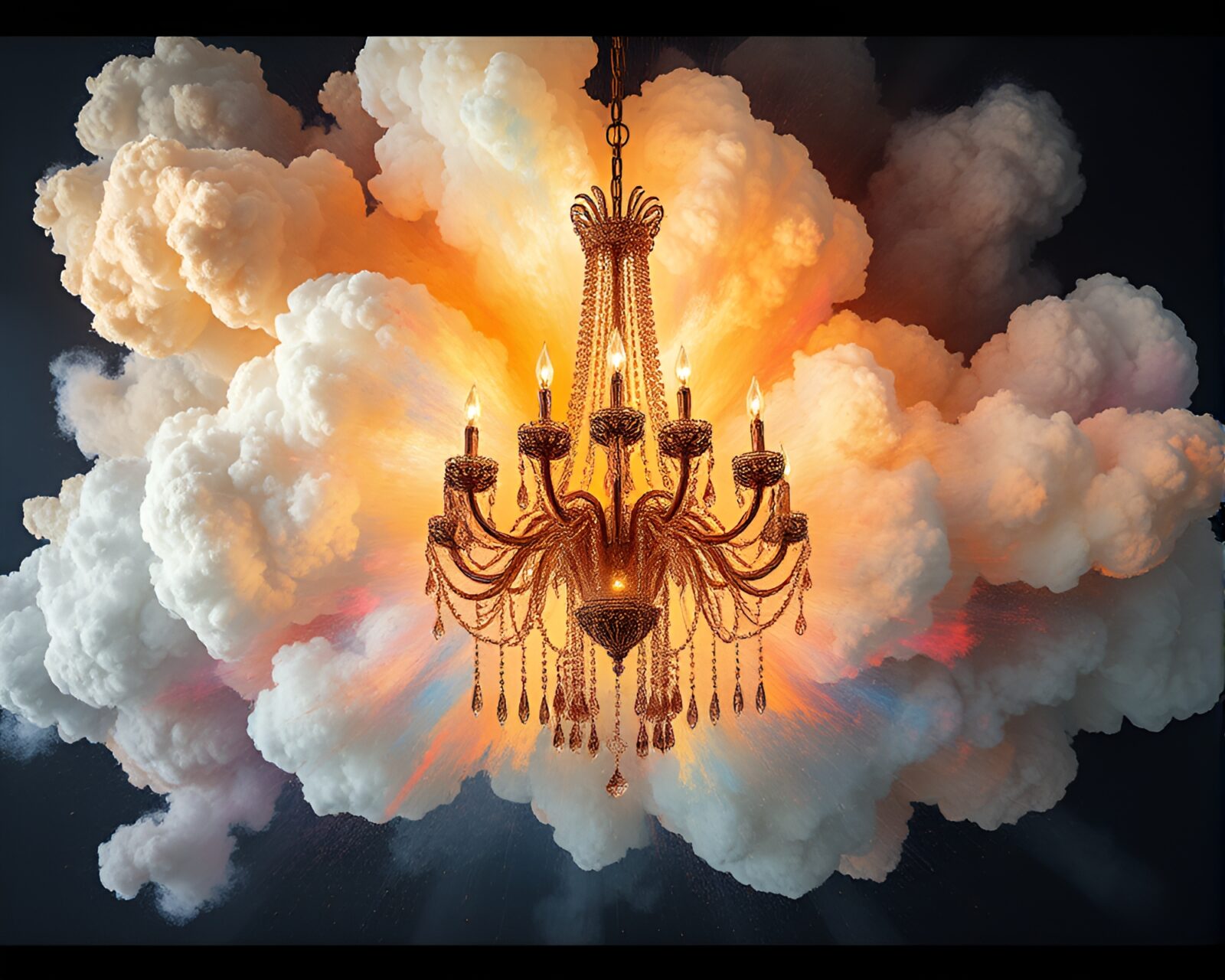 An intricate chandelier surrounded by an explosion cloud
