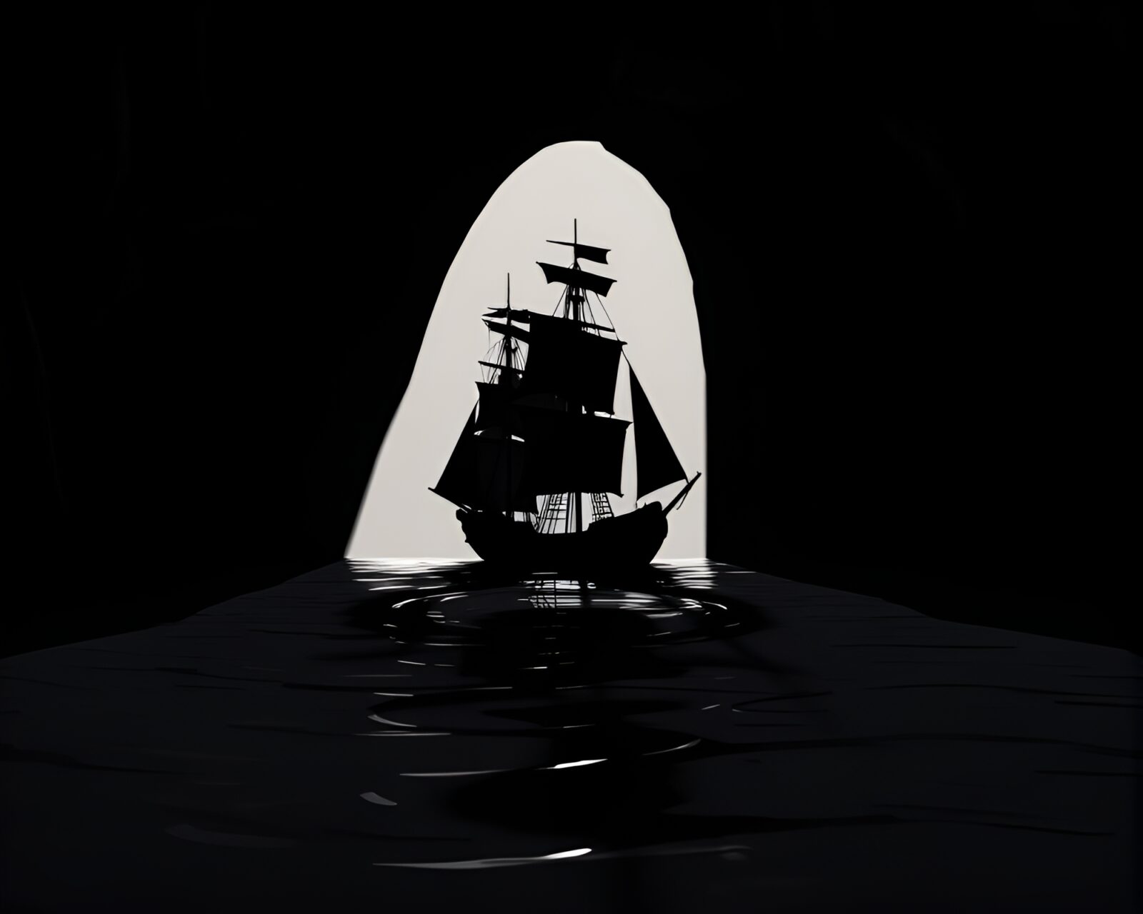Classic sailing ship in cavern with dramatic lighting and shadows