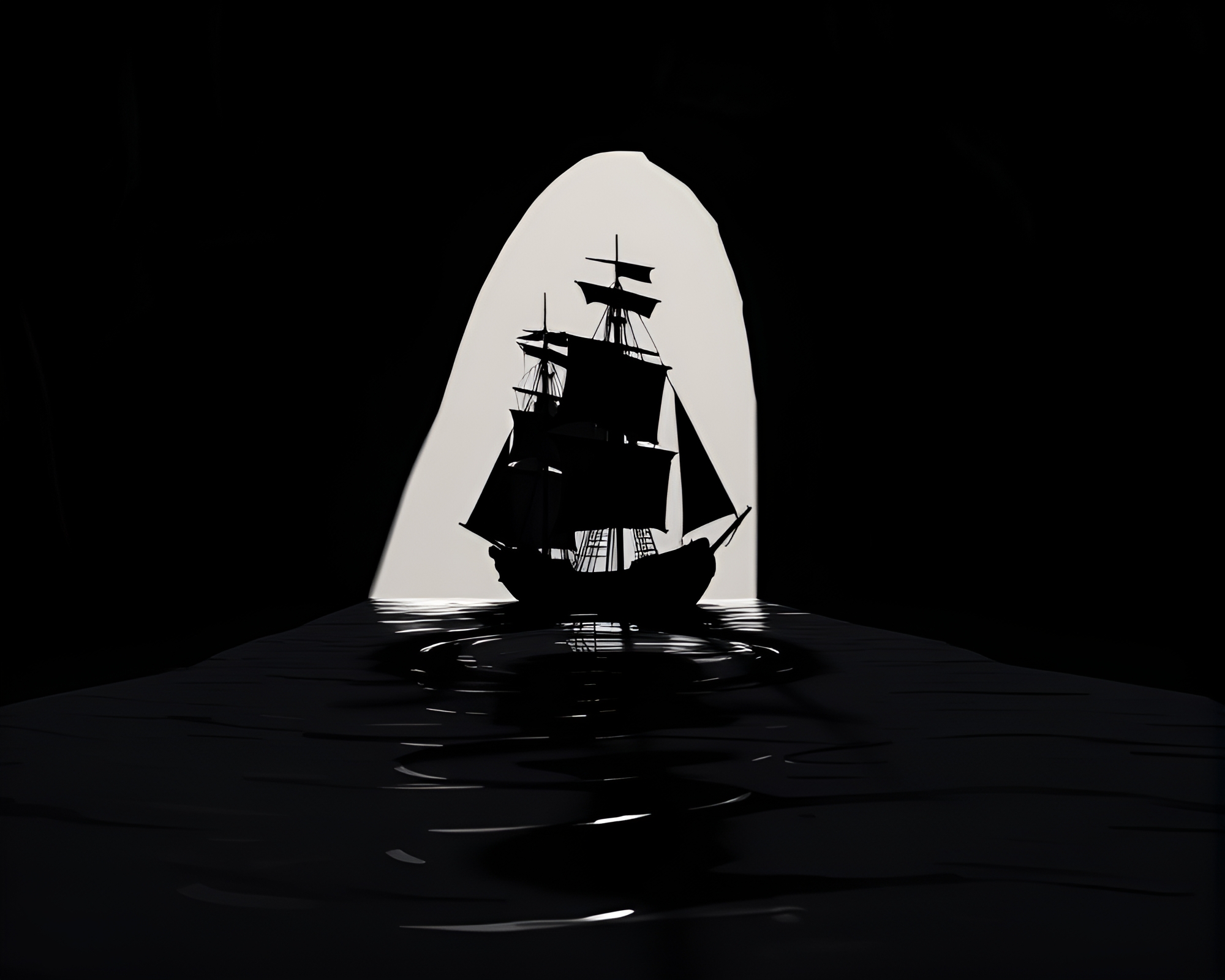 Procedurally Generated Stencil Shadows in Dark Cave with Sail Ship – free AI stock image