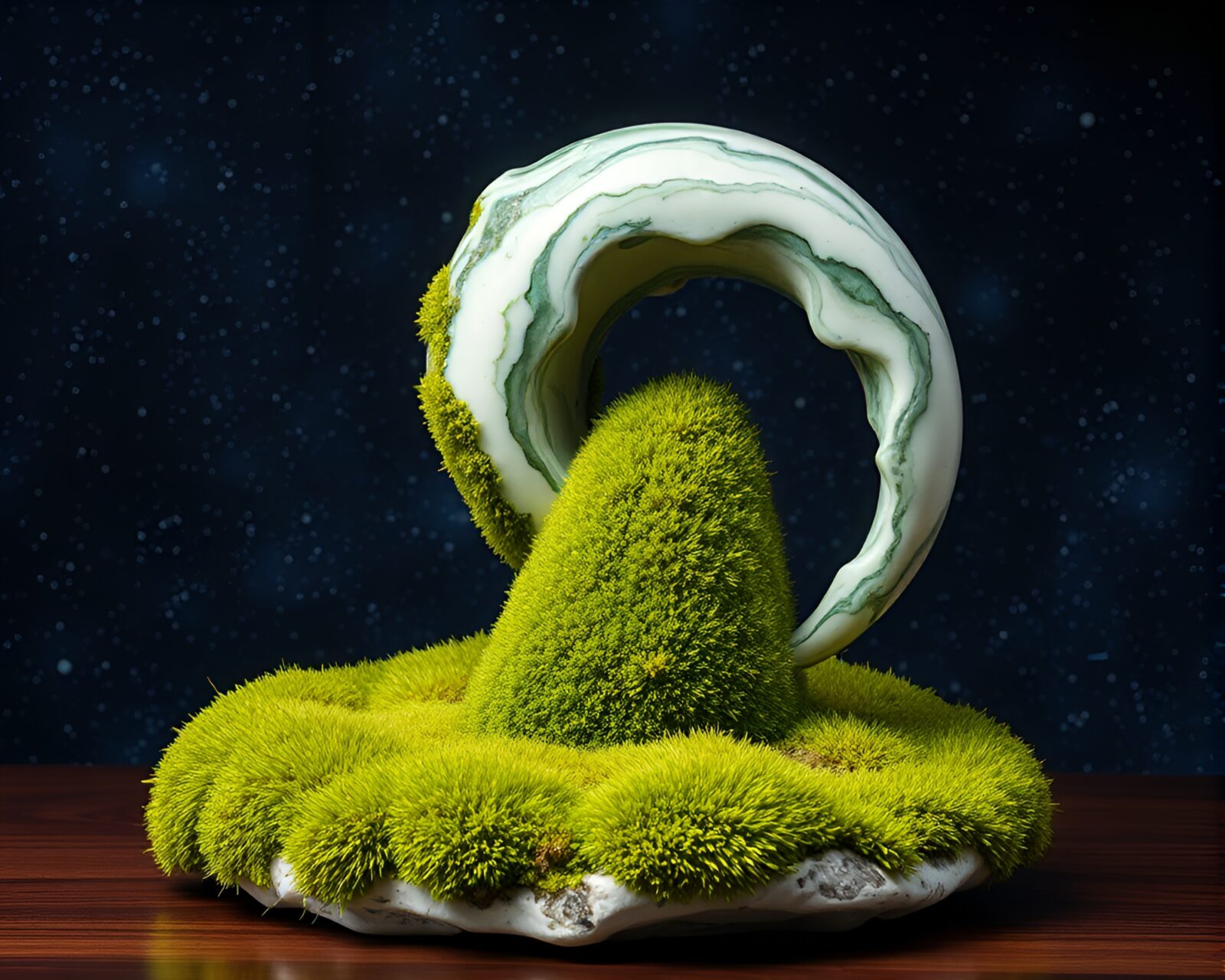 Magical ASCII art marble statue engulfed in glowing moss under swirling Milky Way