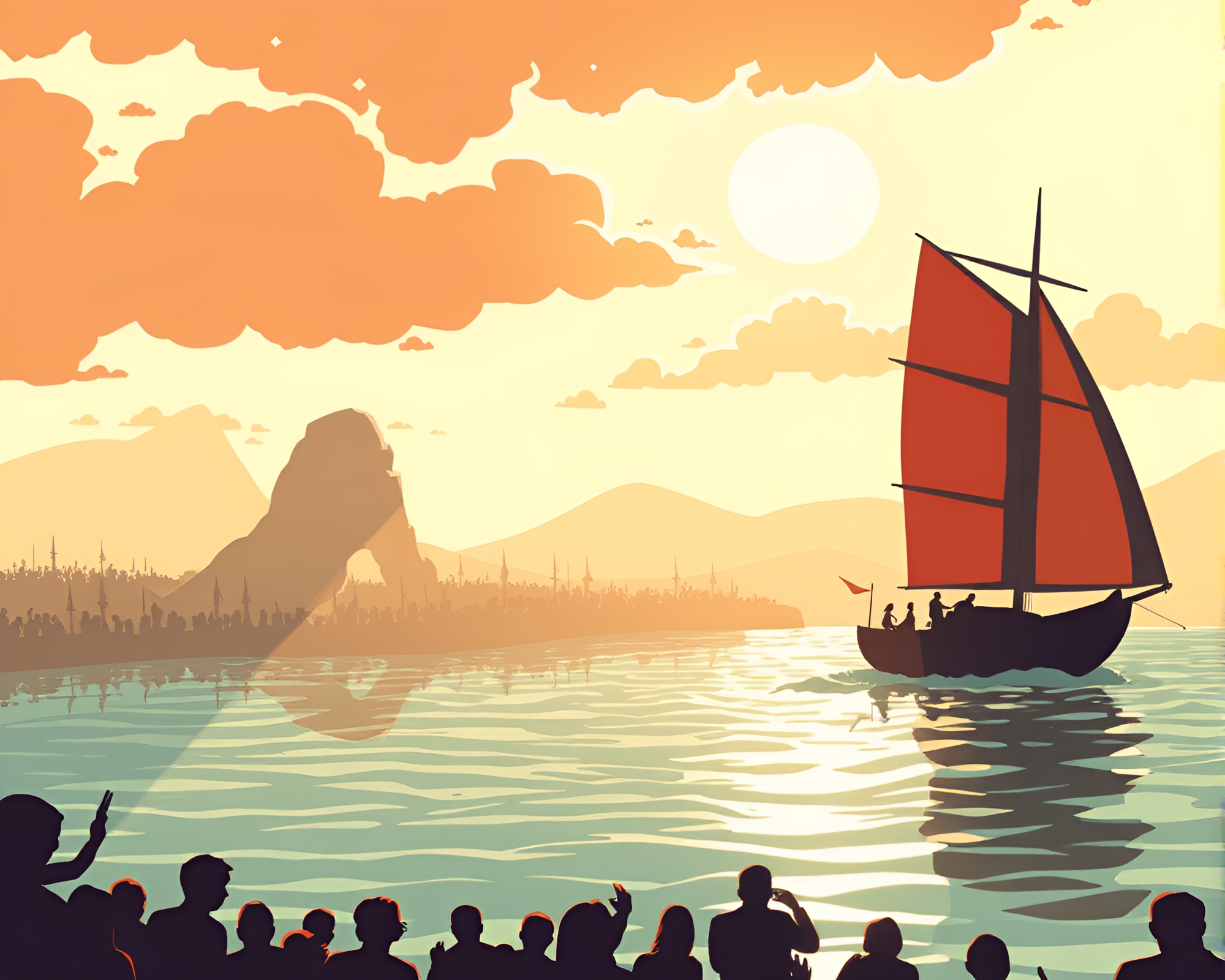 Hydrofoil Boat at Dusk with Silhouetted Crowd – free AI stock image