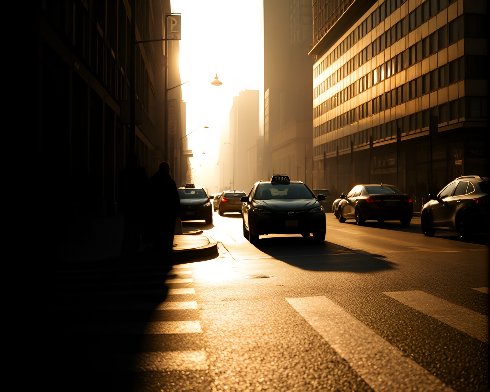 Urban Hover Taxi Silhouette in Warm Dusk Shadows – free AI stock image