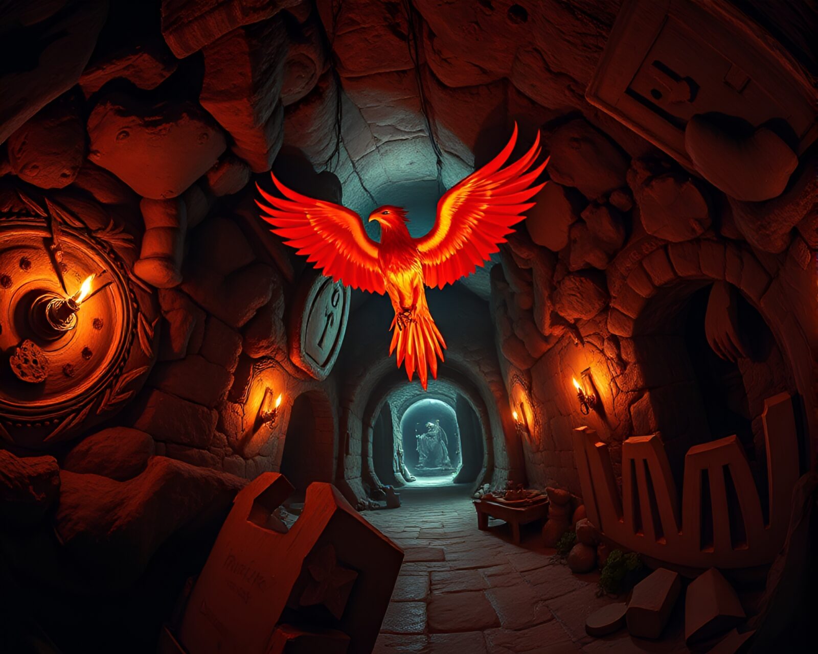Wide-angle stereograph of a mythical phoenix in a dungeon