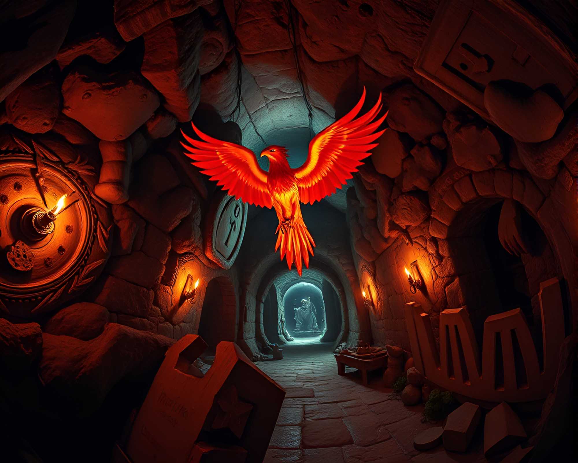 Majestic Phoenix in Dungeon Torchlight – free AI stock image