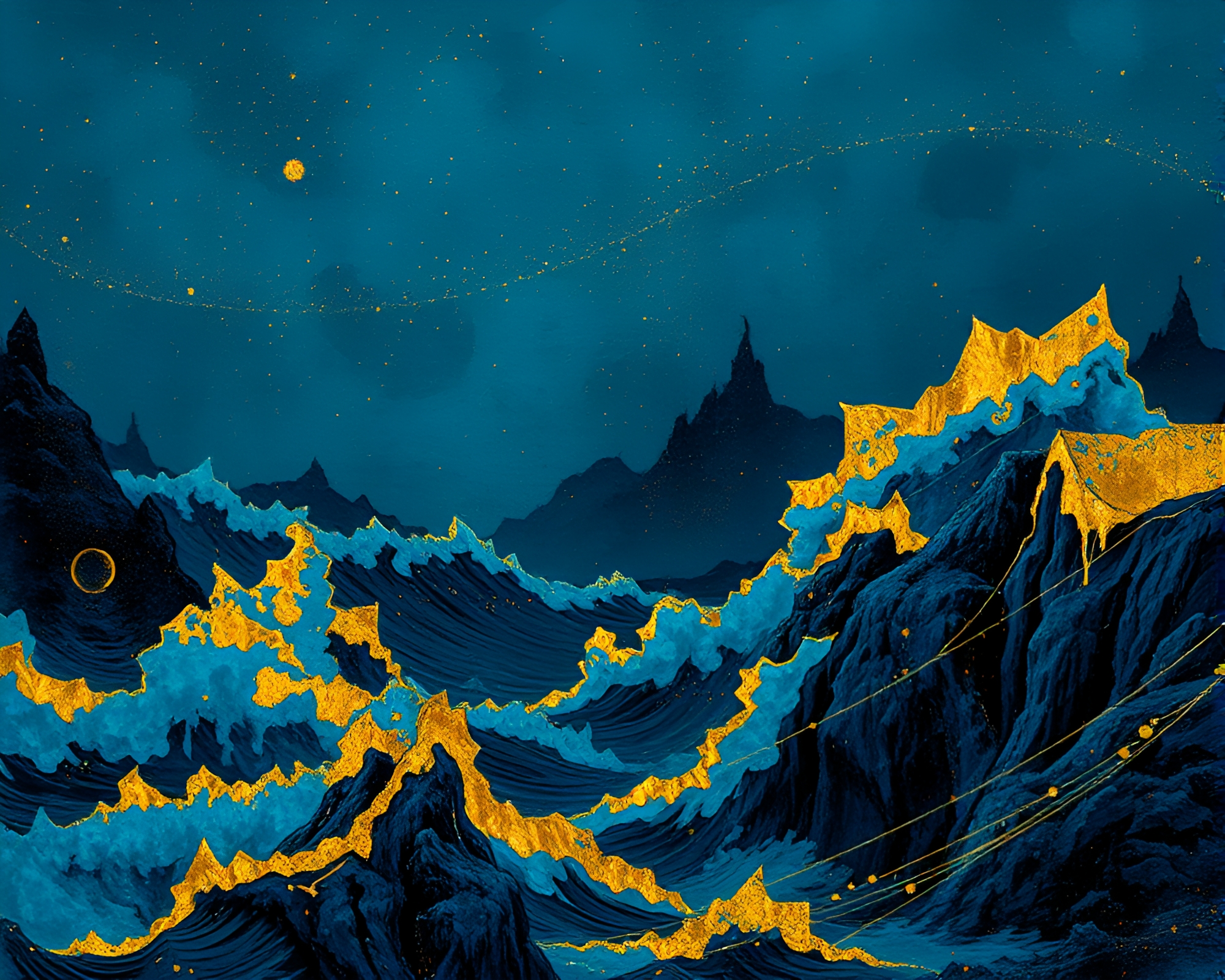 Gothic Horror Seascape with Gold Foil Accents – free AI stock image