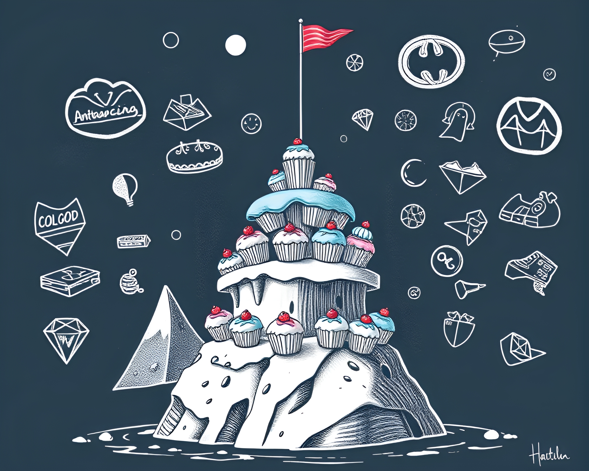 Whimsical Cupcake Tower in Antarctic Chalk Scrawls – free AI stock image