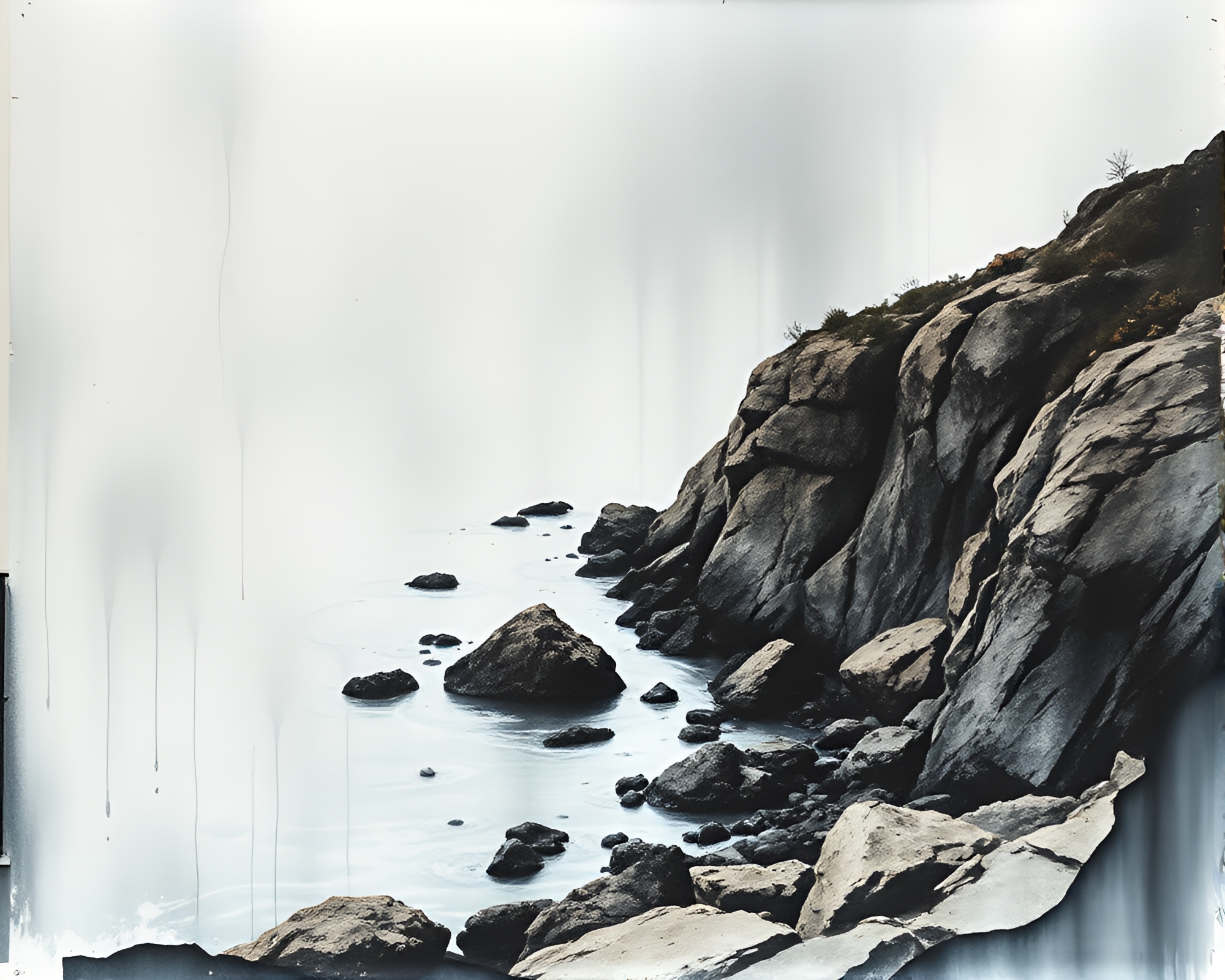 Ink Wash Drips on Rocky Coastline Mural Painting – free AI stock image