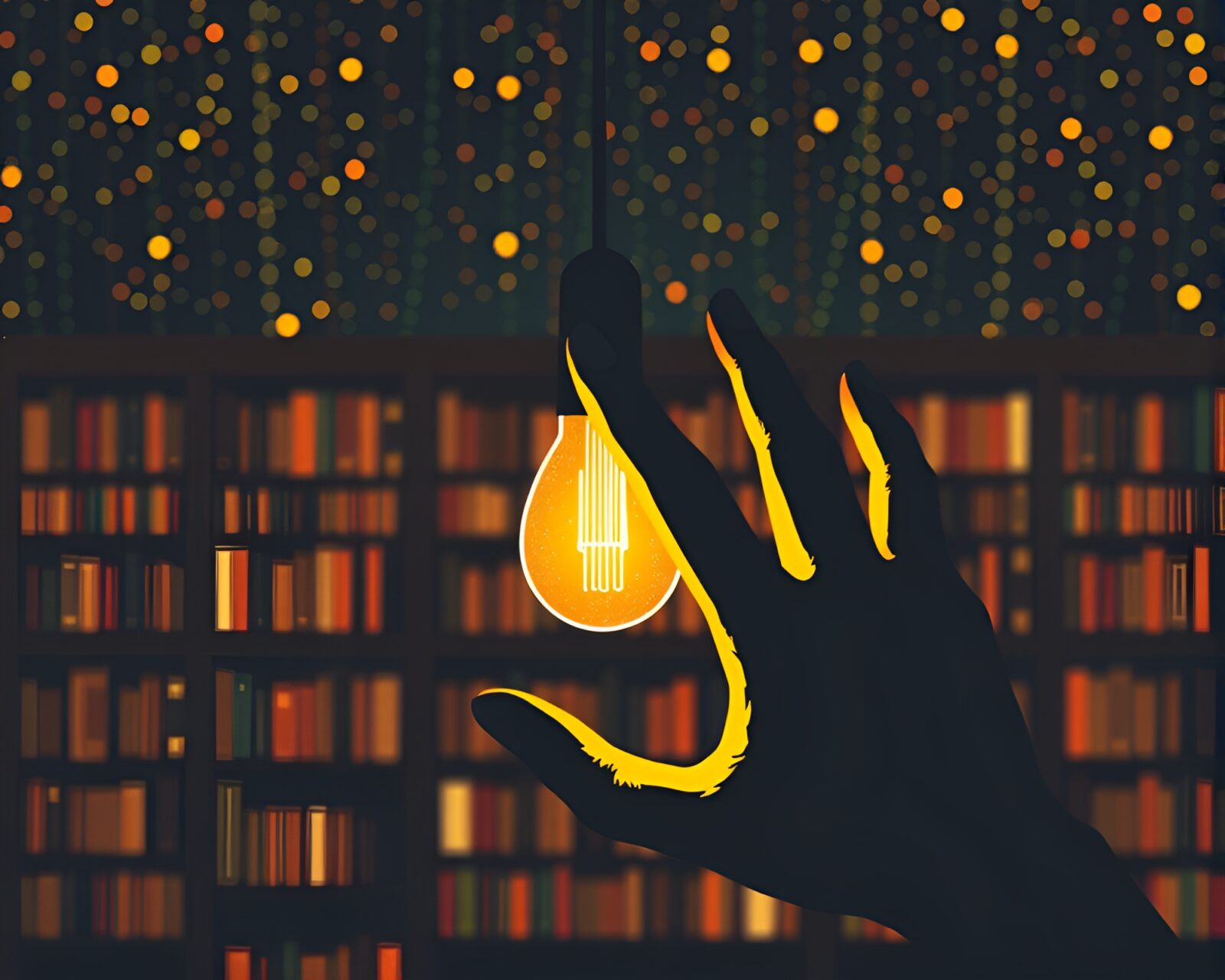 Cybernetic hand in silhouette with pointillist dots under library lamp glow