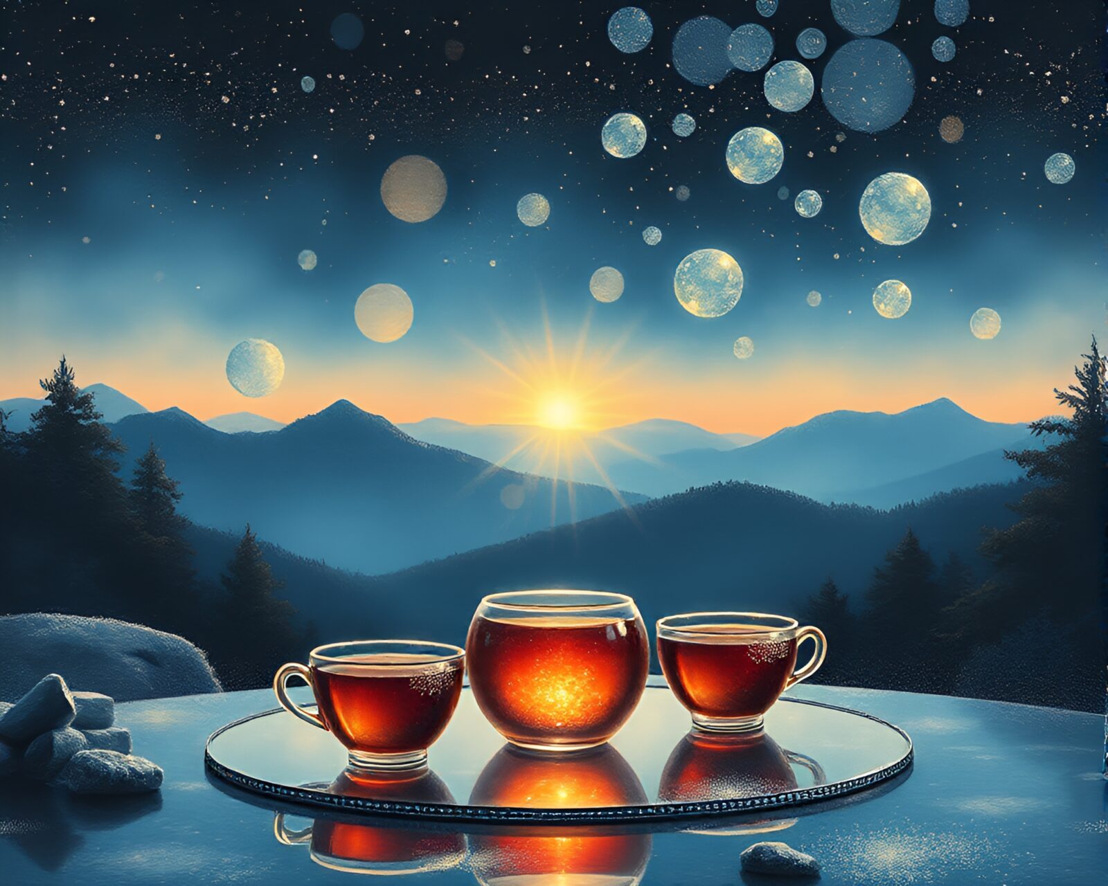 Bubble clusters hover above a sparkling tea set