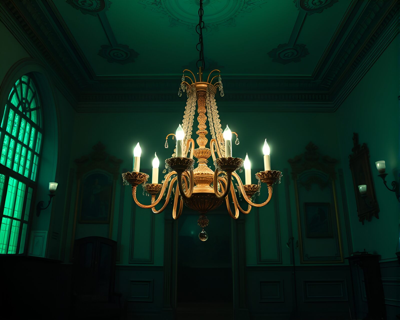 Intricate Victorian chandelier in vivid emerald green blueprint style