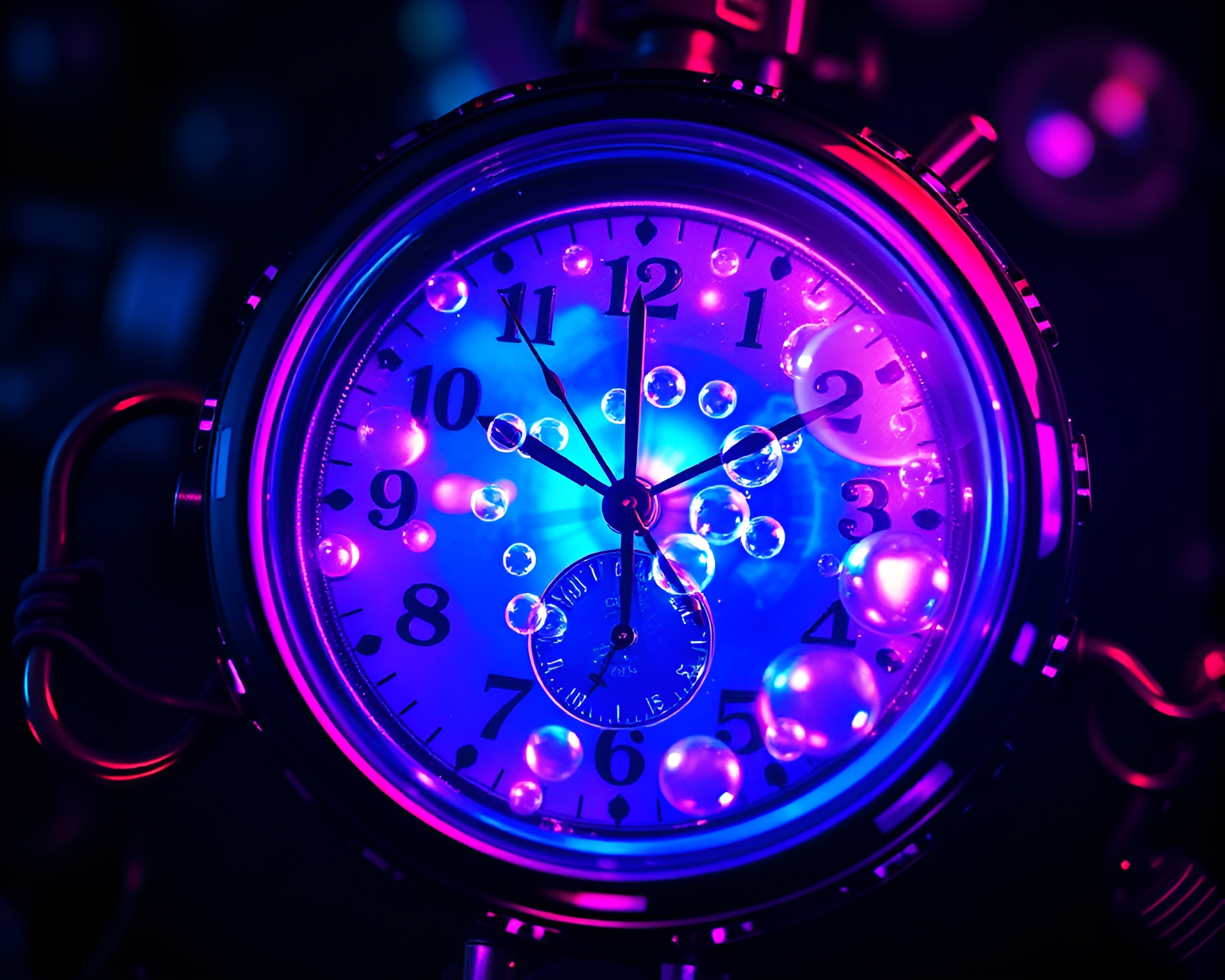 Neon Bubble Clusters Surround Antique Pocket Watch – free AI stock image
