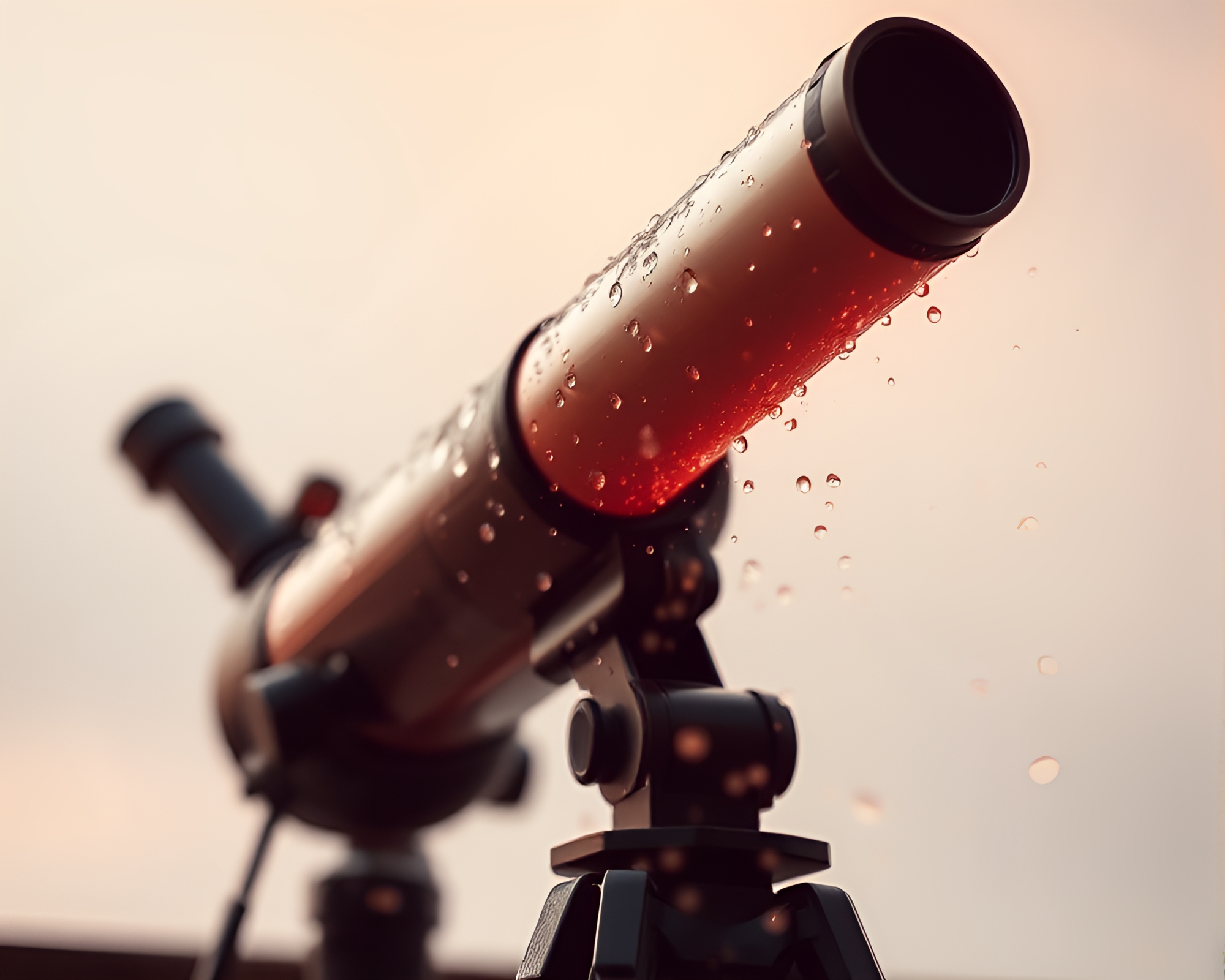 Telescope focusing on peachy water droplets – free AI stock image