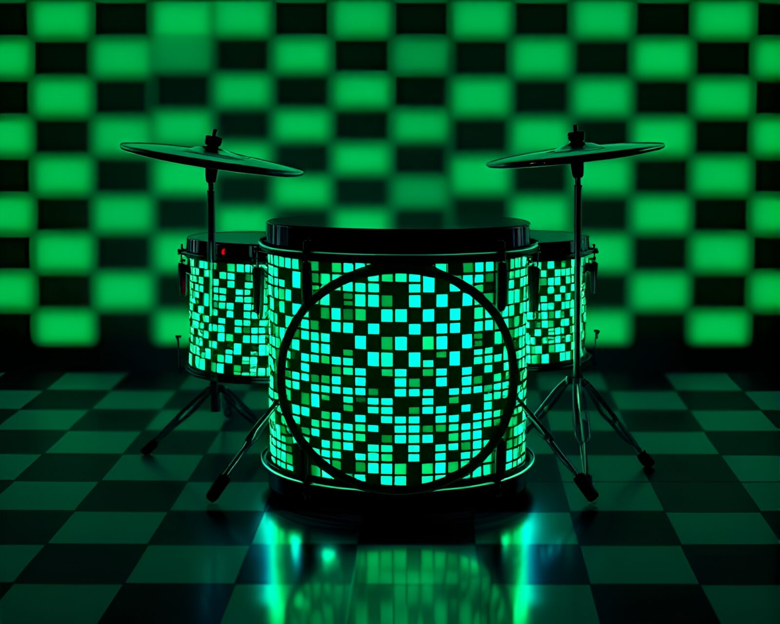 Intricate checkered pattern drum glowing with data visualization