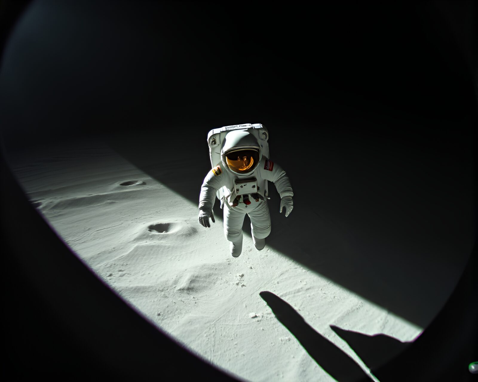 Wide-angle view of a kinetic astronaut in muted shadows