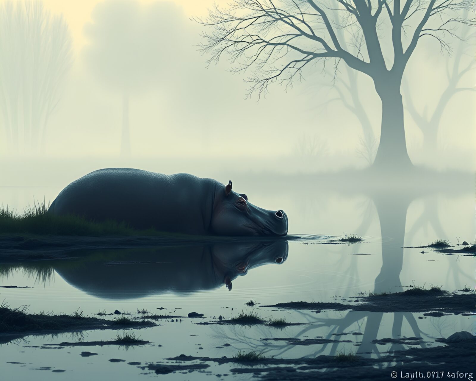 Enchanting hippopotamus reflection in misty, cel shaded puddle