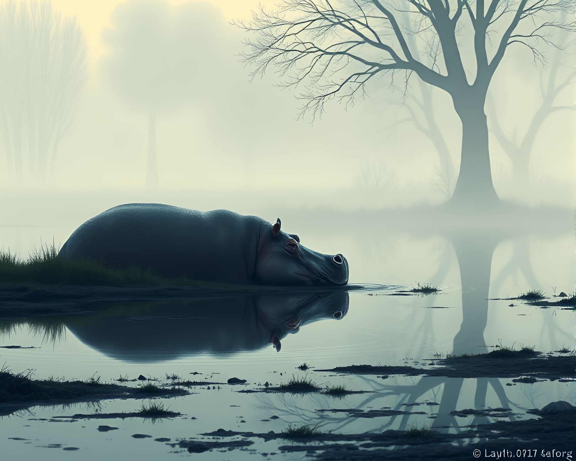 Magical Hippopotamus Reflection in Foggy Cel Shaded Puddle – free AI stock image
